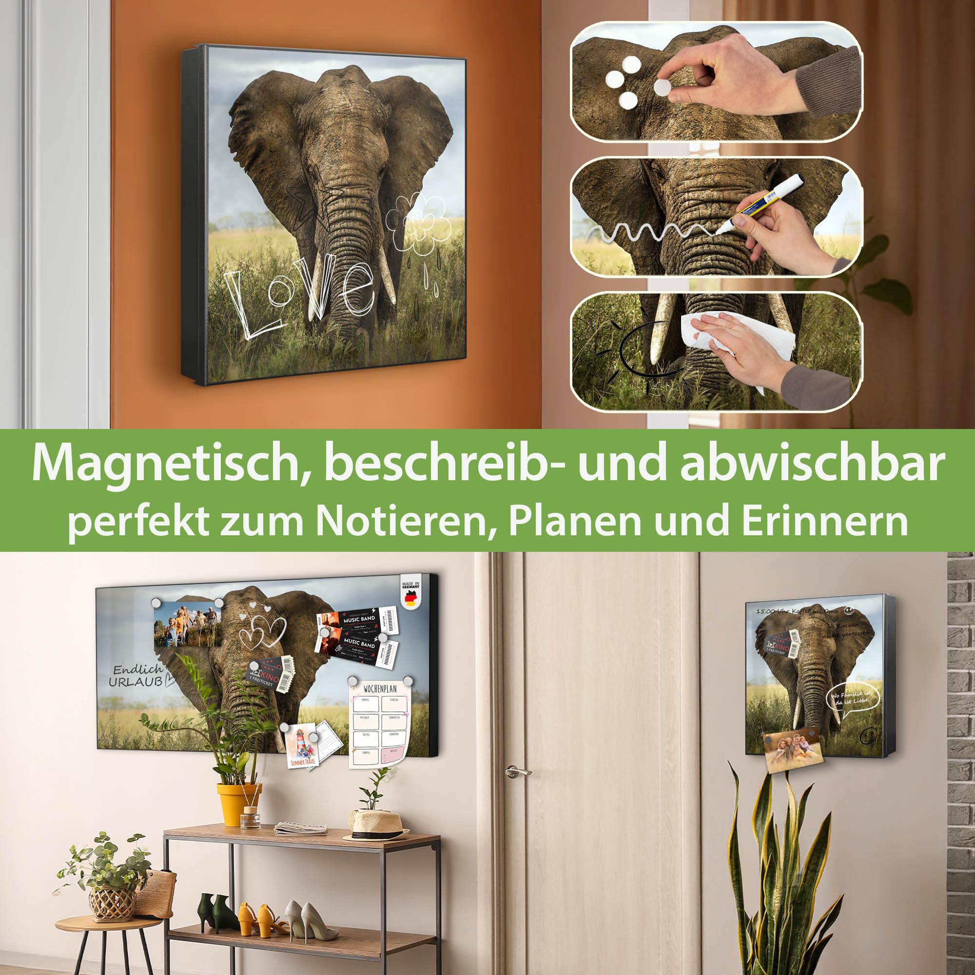 banjado Großer Schlüsselkasten Metall - Schlüsselbox 30x30cm beschreibbarer mit 32 Haken - Schlüsselkasten modern für Schlüsselaufbewahrung - Korpus Schwarz Scharnier Links - Motiv Korbinian