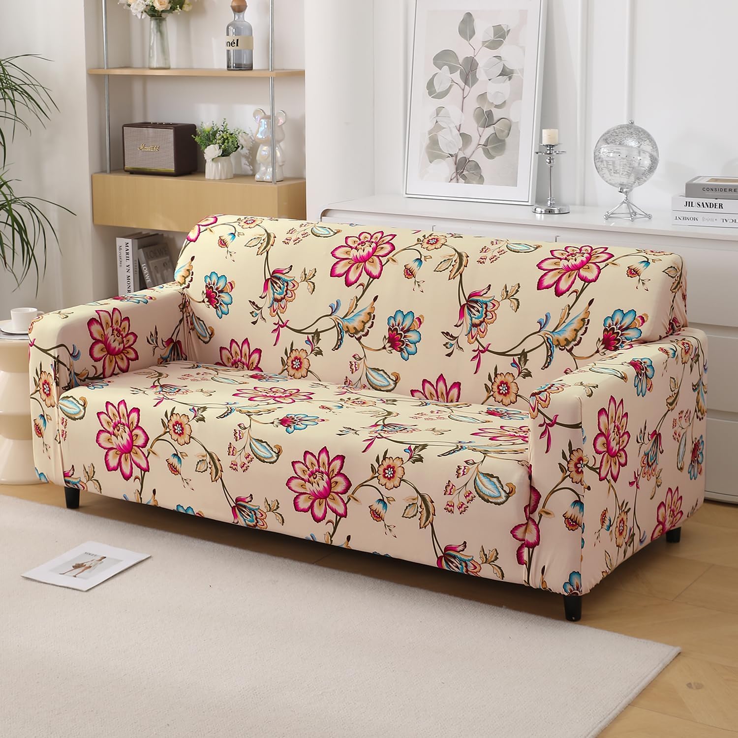 HOKIPO 140 GSM Stretchable Sofa Cover for 3 Seater Sofa, Beach Beige Dahlia (NEW2-AR-5129-D11)-image-9
