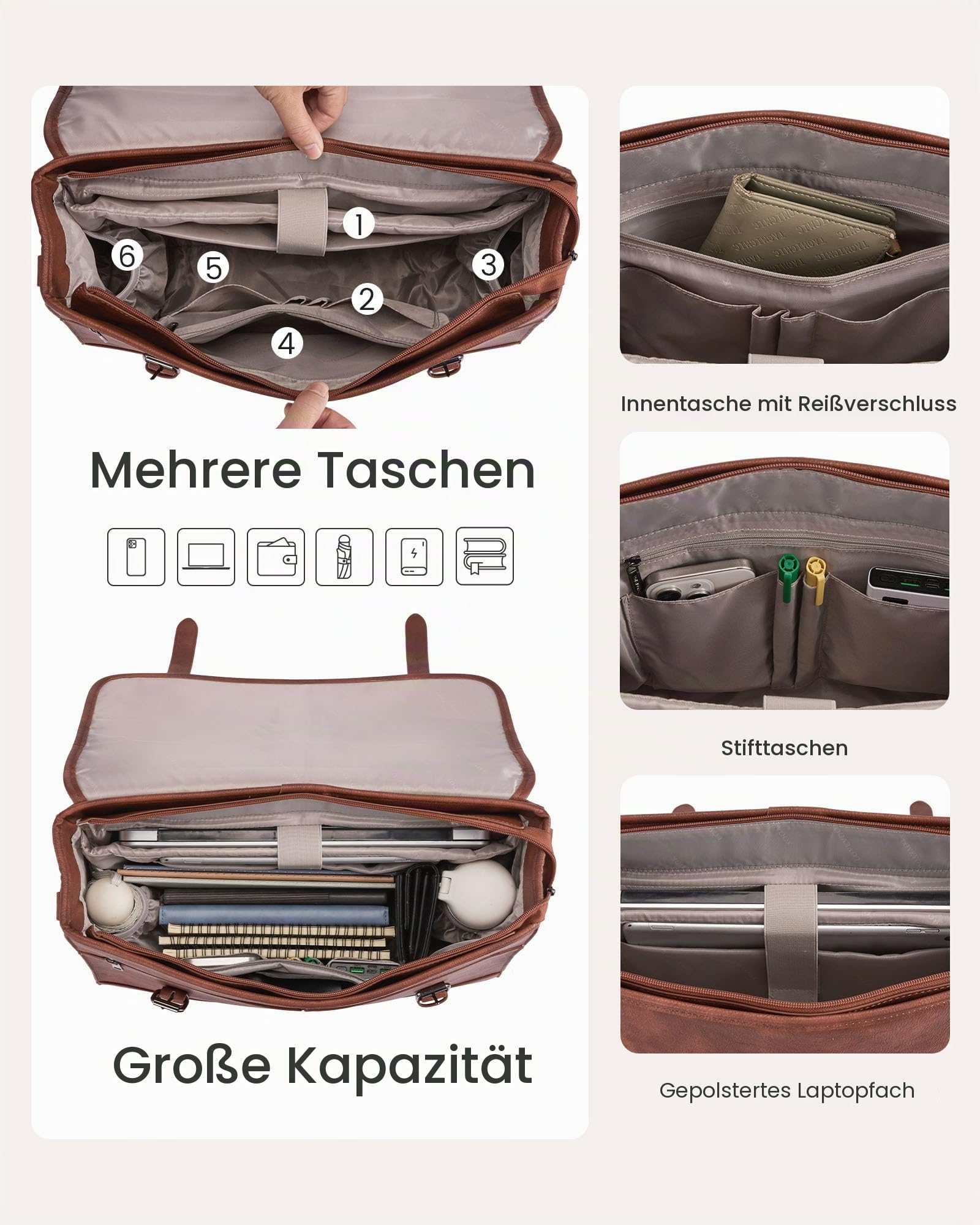 LOVEVOOK Aktentasche Herren Laptoptasche, Vintage Arbeitstasche Ledertasche Messenger Bag Handtasche Umhängetaschenfür Uni Büro Schule Business