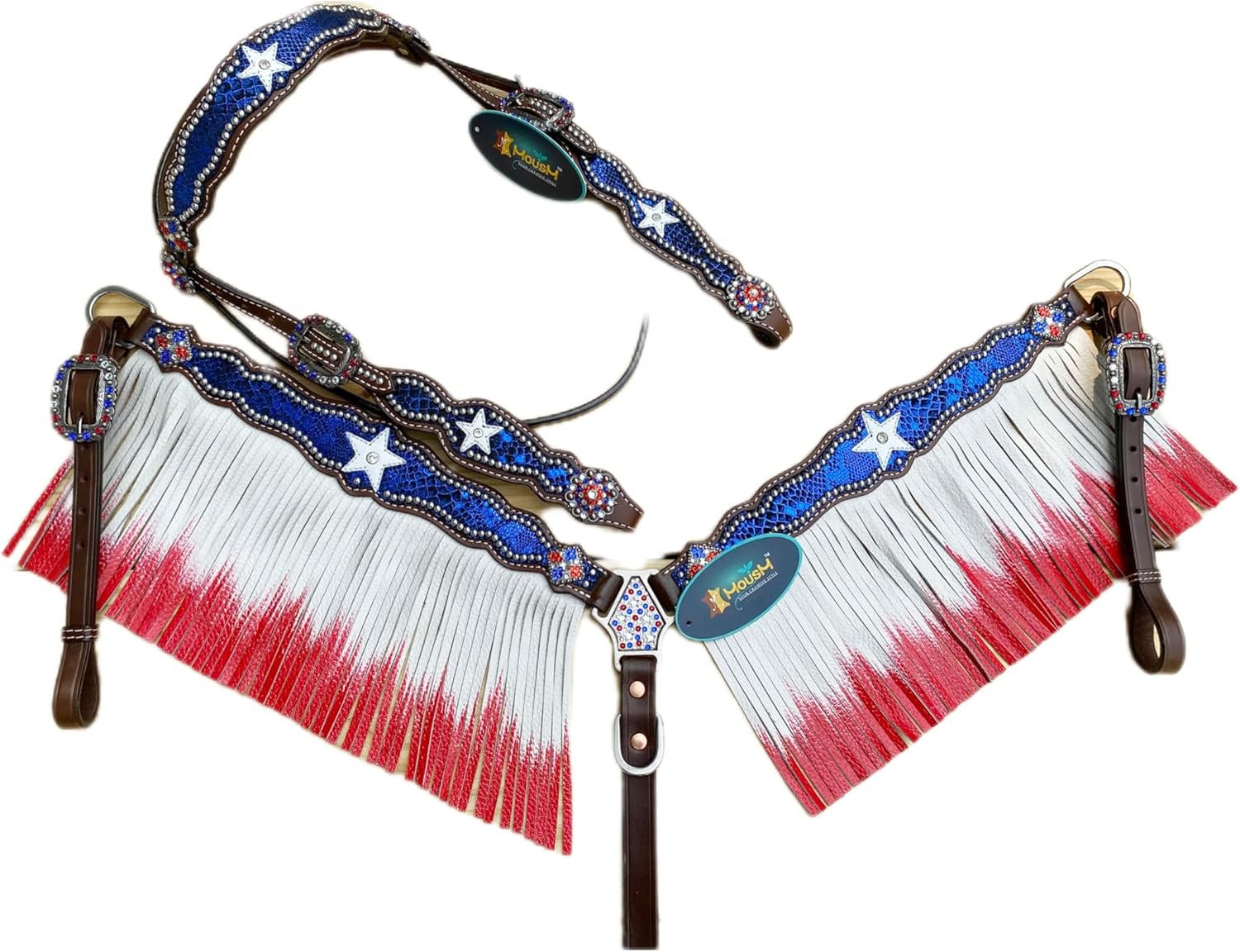 Ameriacan Flag Headstall and Breast Collar Fringe Tack Set - Argentina Cow Leather Decorated with Red, White, and Blue Design, Premium Conchos, and Antique Buckles