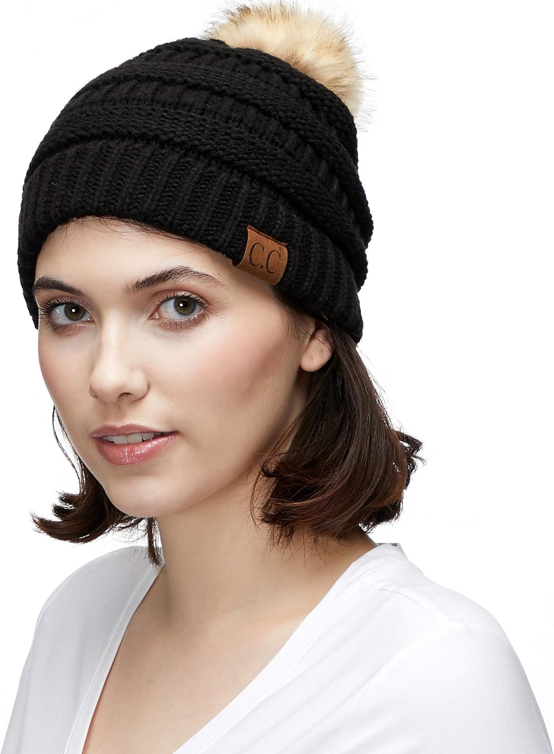 C.C Fur Pom Winter Fall Trendy Chunky Stretchy Cable Knit Beanie Hat