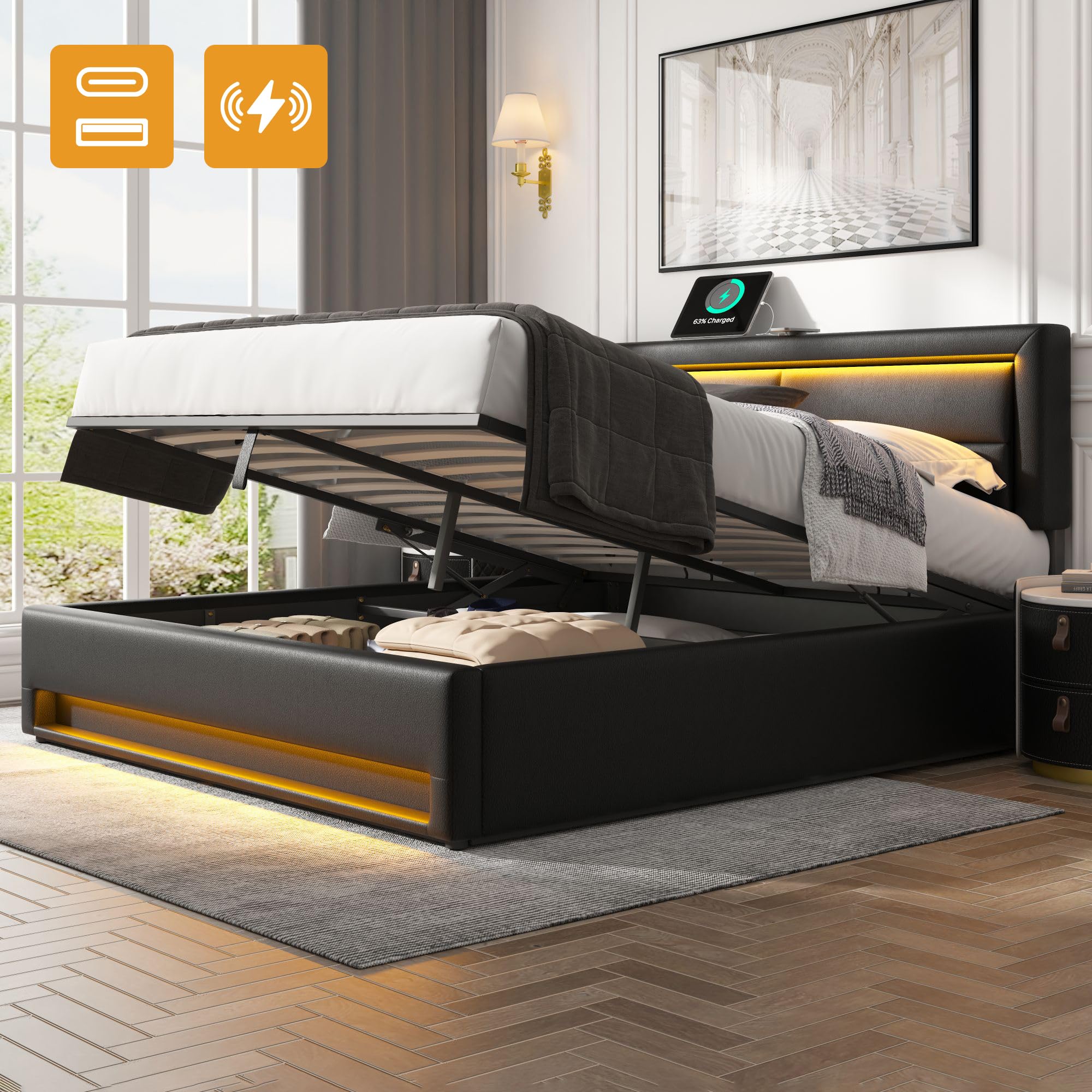 Lit rembourré 140 x 190 cm, Avec Espace de Rangement, sans matelas, PU-Lychee Design, Noir