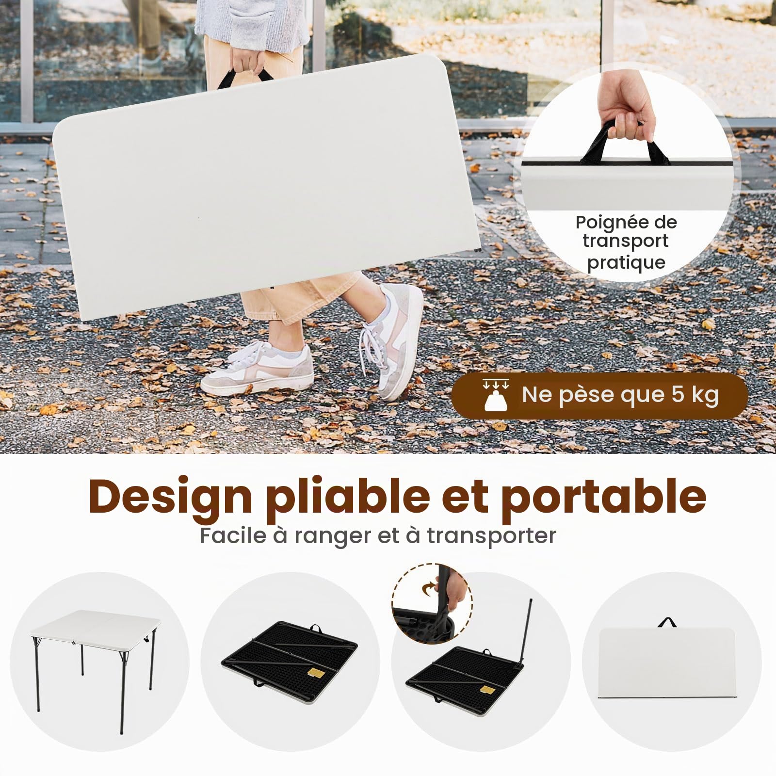 KOMFOTTEU Table de Camping Pliante, HDPE, Charge 150 kg, 86x86x74 cm, Blanc