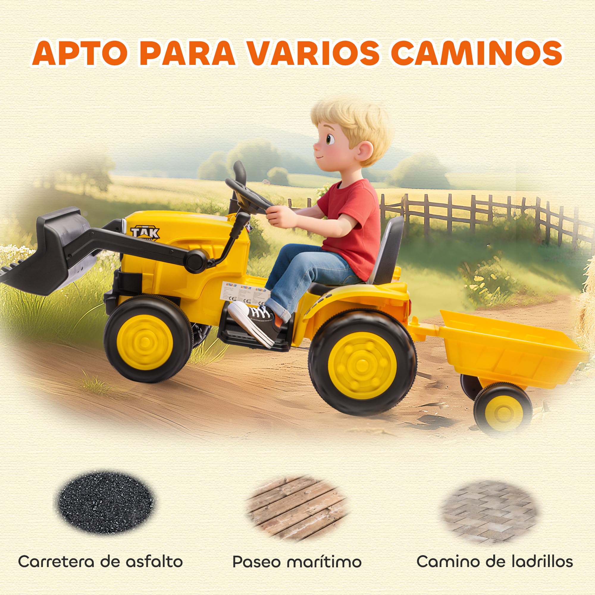AIYAPLAY Tractor Eléctrico para Niños con Remolque Desmontable y Pala 12V | Tractor de Juguete de Batería, Motor Doble, Control Remoto 2,4G, Luces, Música, Conexión Inalámbrica, USB, +3 Años