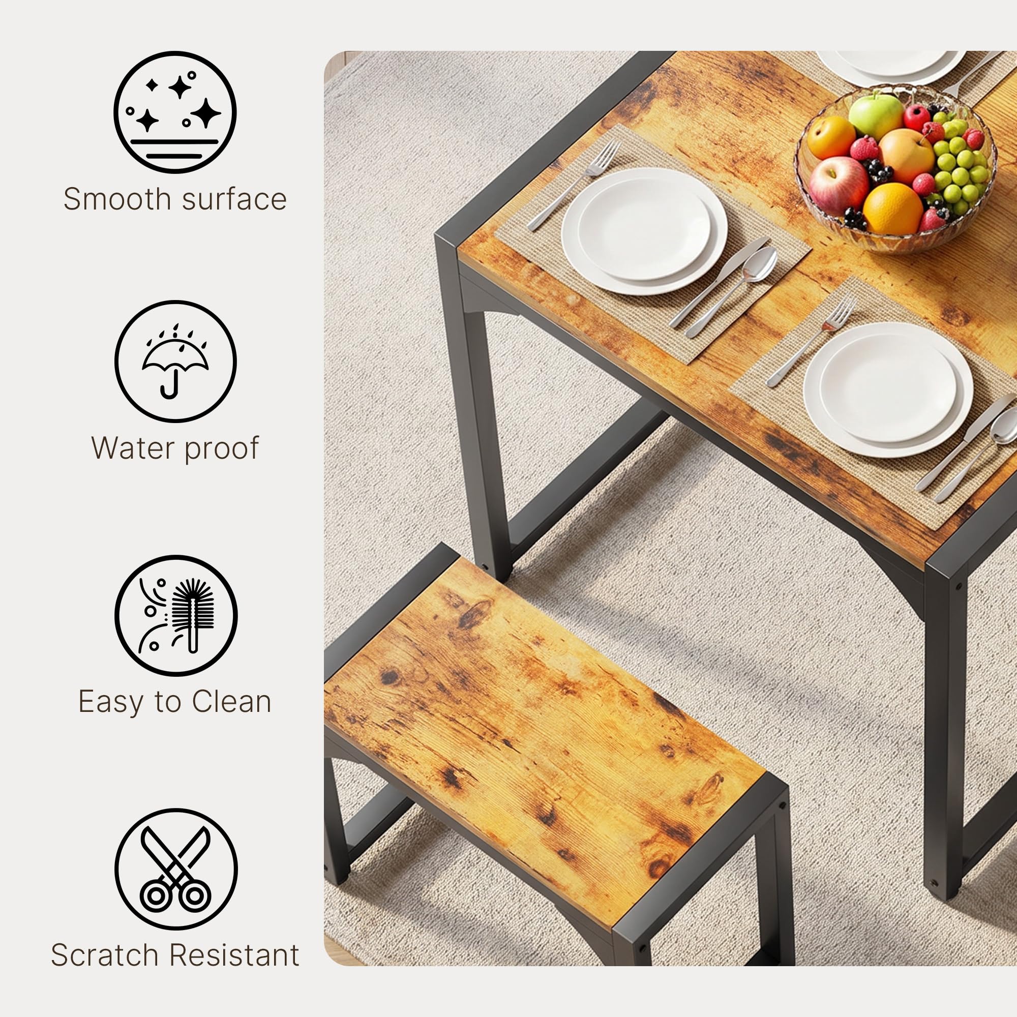 Esstisch mit 2 Bänken, 3-teiliges Esstisch-Set, Küchentisch 65x65x76cm, 2 Bänke je 30x50x45cm, kompaktes Esstisch-Set aus Metallrahmen für Küche & Esszimmer, Retro