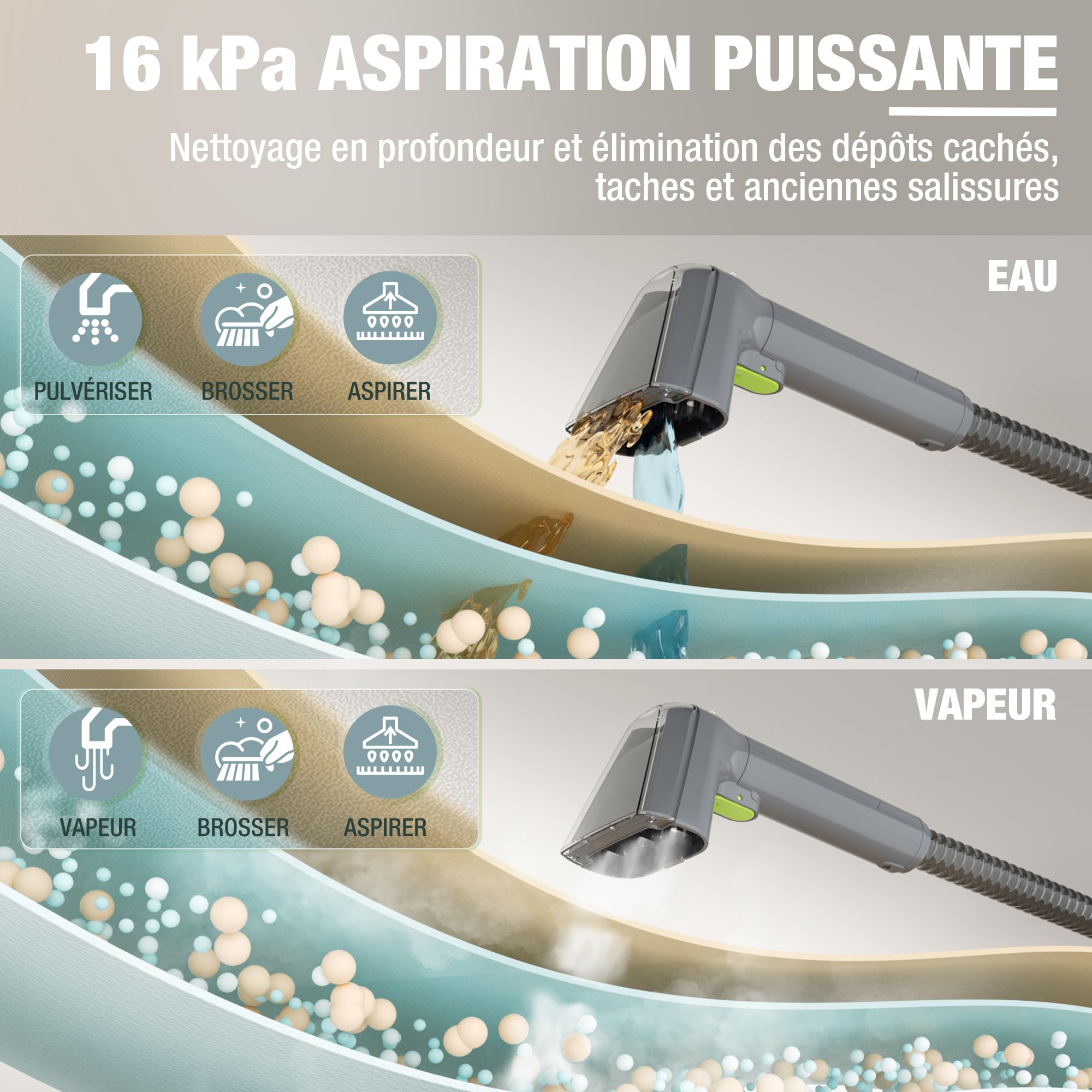 WORKPRO Shampouineuse et Nettoyeur Vapeur 4 en 1 pour Tapis et Tissus d’Ameublement avec Aspirateur Laveur 16 kPa, 4 Modes de Nettoyage, Nettoyeur Canapé Tissu, Matelas, Rideaux, Poils, Voiture
