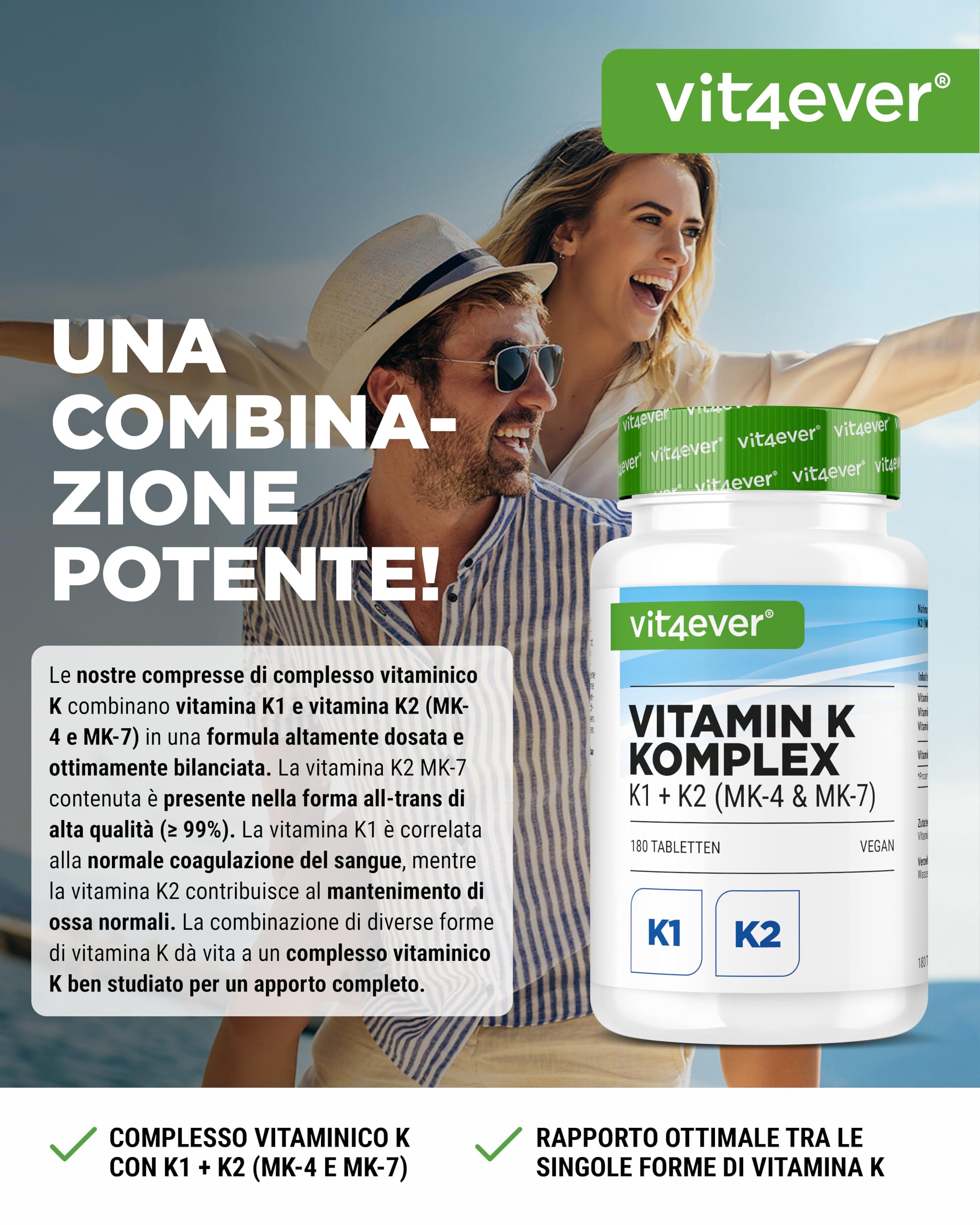 Complesso di Vitamina K - 180 Compresse - Alto Dosaggio con 1.000 µg di Vitamina K1 + K2 Menachinone (1.000 µg MK4 + 200 µg MK7) - Senza additivi inutili, vegano