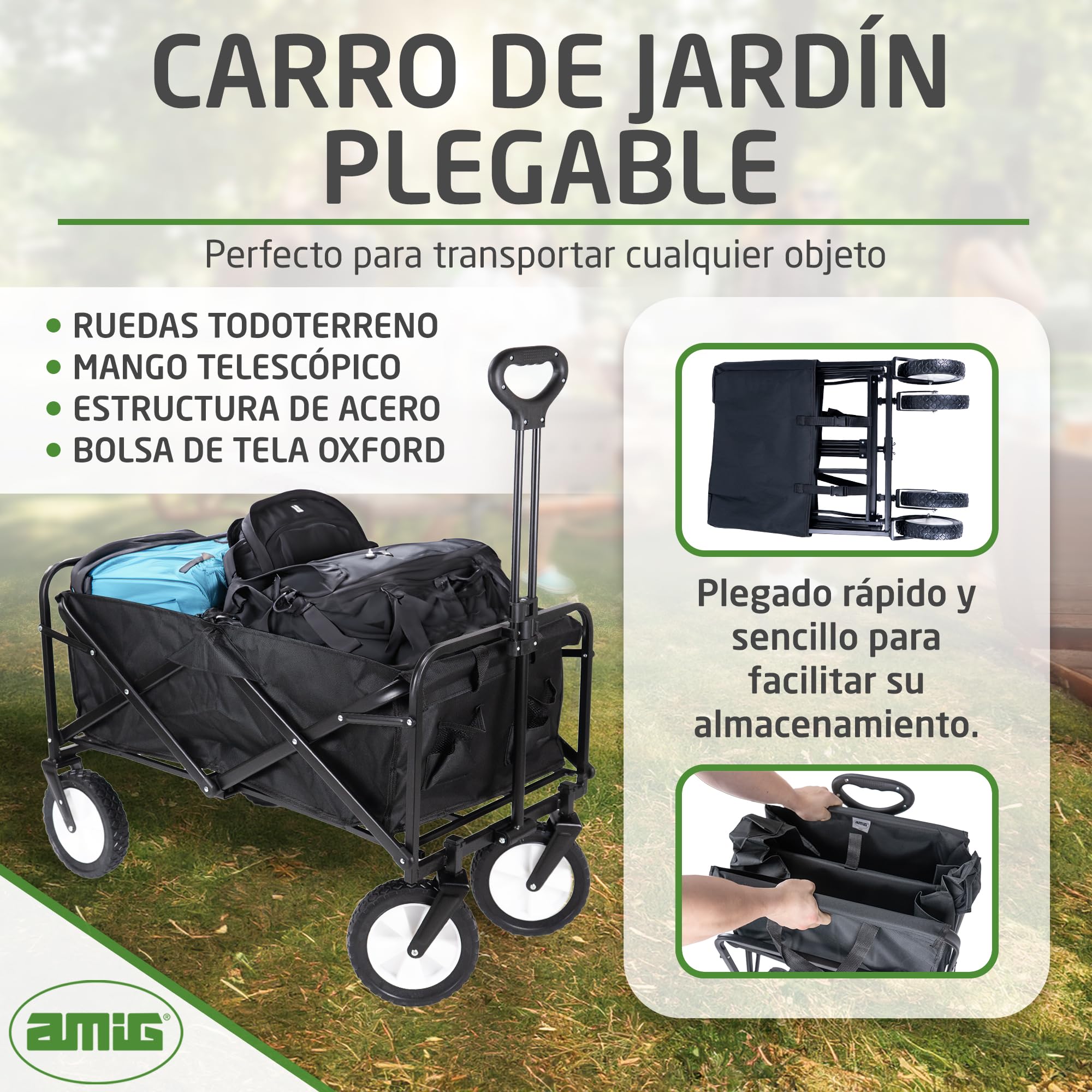 Amig - Carro Plegable Todoterreno - Tela Impermeable - Color Negro - Ruedas de Ø20cm 360º - Carga máx. 100kg - Carrito de Camping, Playa y Jardín