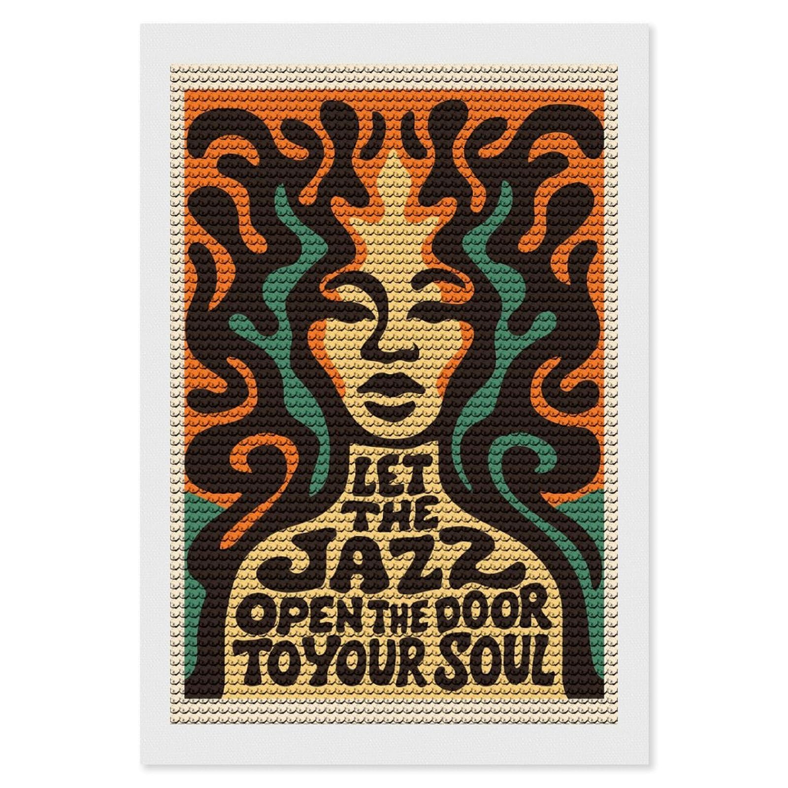 Junmoney Let The Jazz Open The Door DIY Diamond Art Canvas Kit 8"x12", Decorate Your Room, Sparkling Round Gems, Fun Craft Experience, Farmhouse Decor