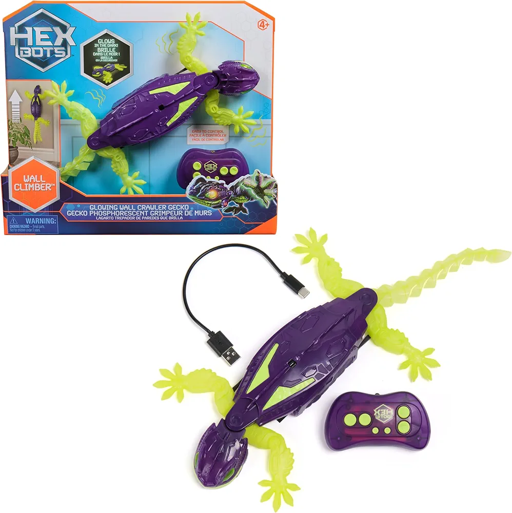 HEX BOTS - Gecko Radiocommandé Phosphorescent Qui Rampe sur Le Sol Et Les Murs - Lézard Télécommandé avec Yeux Lumineux - Pilotage Facile - Câble USB Inclus - Jouet Enfant 4 Ans et +