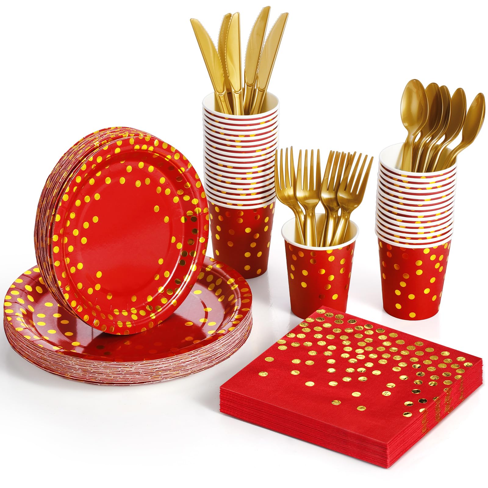 Tegeme36 Sets Red and Gold Party Supplies Disposable Dinnerware Set Red Decorative Paper Plates Napkins Cups Gold Plastic Forks Knives Spoons for Graduation Birthday Bridal Shower Wedding Party
