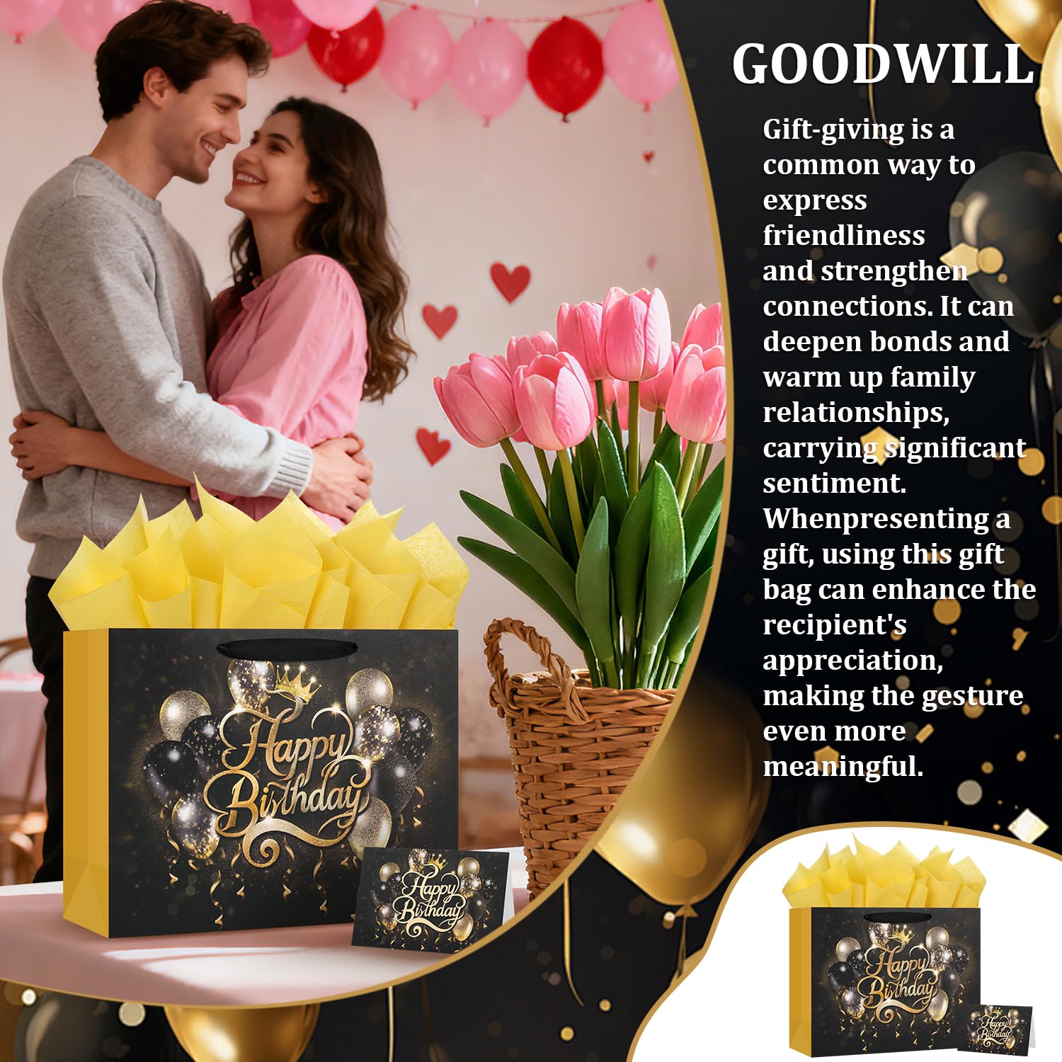 Black Birthday Gift Bag with Tissue Paper and Greeting Card, 12.6“x9.9"x4.3" Happy Birthday Gift Bags for Party, Yellow Balloon Design Gift Wrap Bags Decor for Men, Women and Kids, 1 PCS, Medium Size
