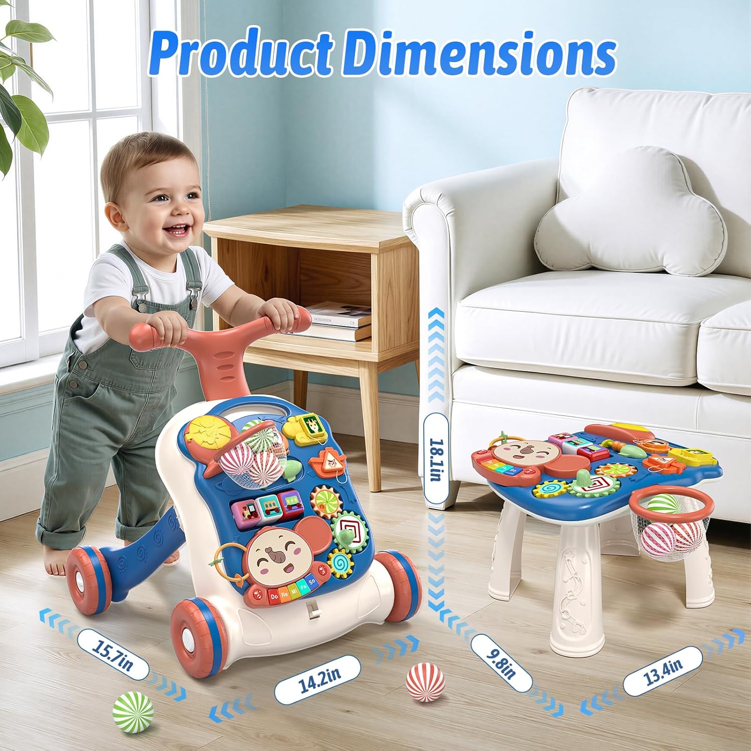 QDRAGON 3 in 1 Baby Walker and Activity Center for Boy, Learning to Walk, Sit to Stand, Early Educational Push Toys with Music Panel for Infant Toddler 12-18 Months Blue