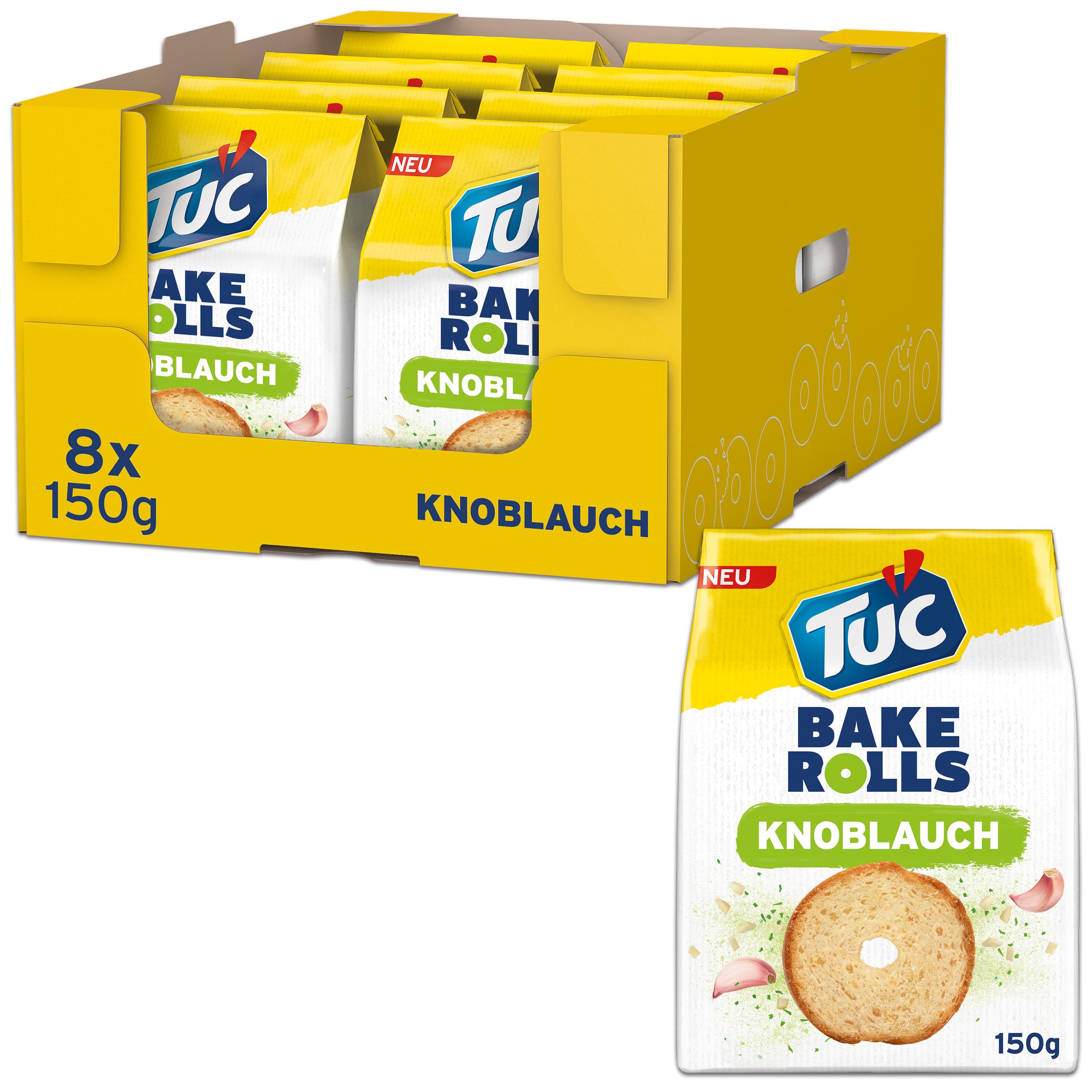 TUC Bake Rolls Knoblauch – Knusprige doppelt gebackene Brotchips – 8 x 150g