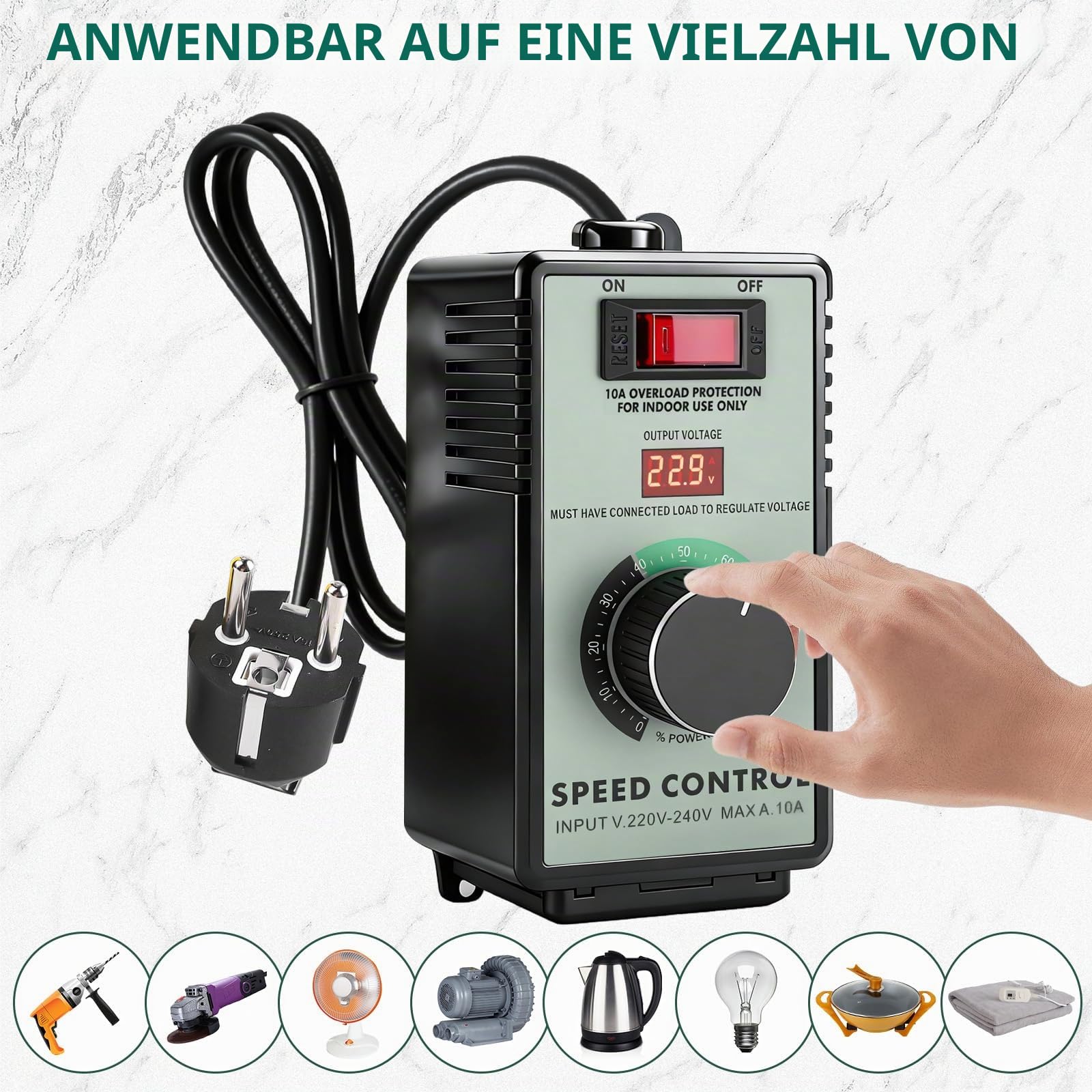 GBKDQQ Drehzahlregler 230v, Spannungsregler AC 230v 10A, Drehzahlregler Motor, Frequenzumrichter mit Überlastschutz für Winkelschleifer Bläser Handbohrer, Spitzenleistung 4000W