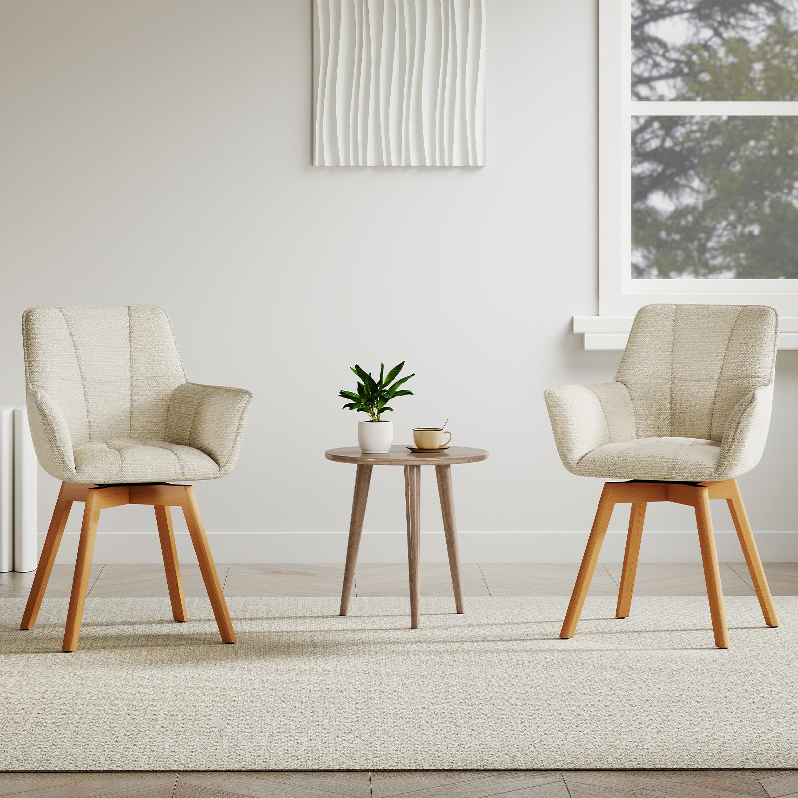 WAFTING 4er Set Drehbare Esszimmerstühle, 360° Drehstuhl mit Armlehnen Holzbeinen, Samtstoff Polsterstuhl für Esszimmer, Wohnzimmer, Küche, Schlafzimmer, Beige