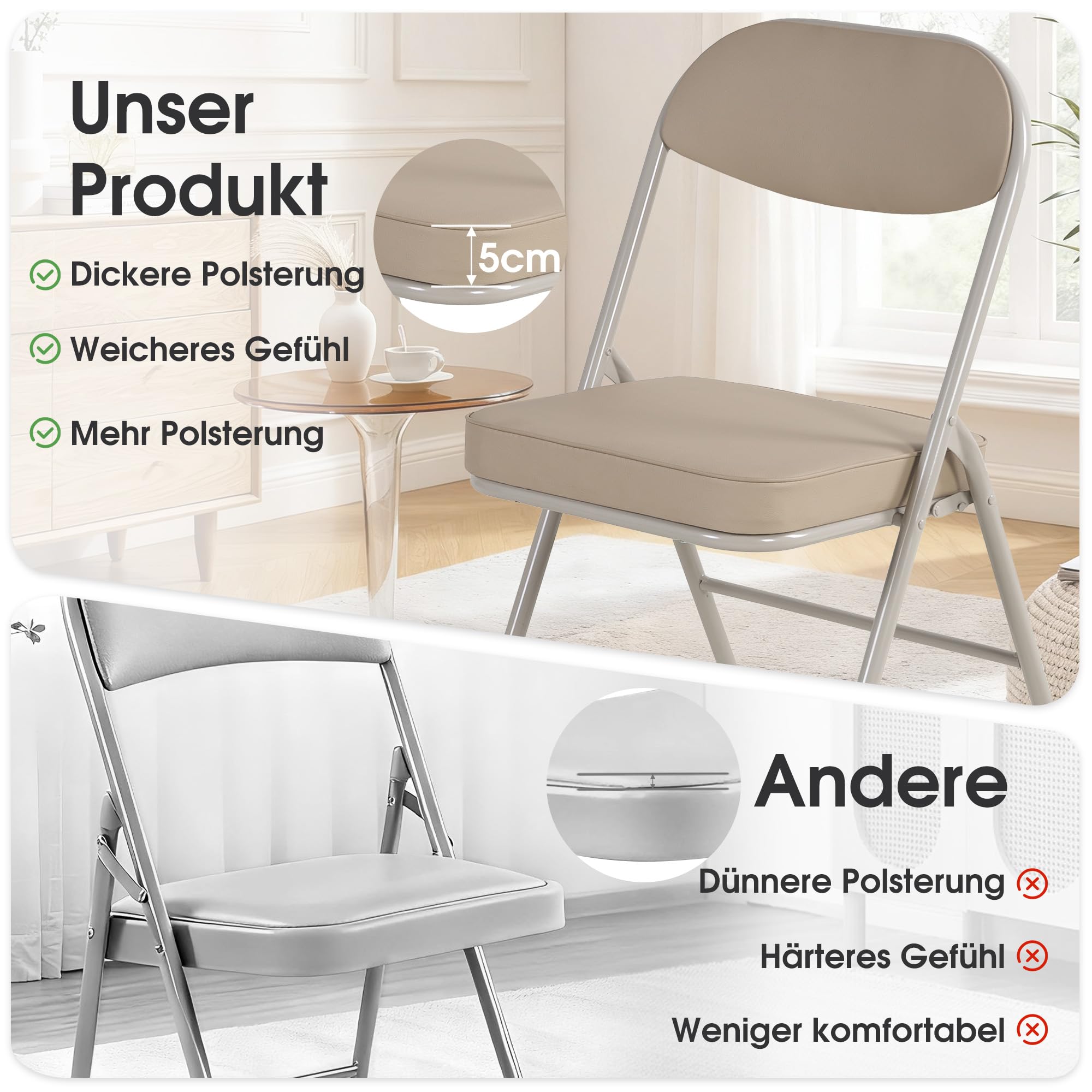 Klappstuhl mit Polster, Klappstühle 4er, Verstärkte Gepolstert, Tragbarer und Bereits montierter Klapp-Essstuhl für Gäste, Küche, Büro, Hochzeit und Party，Beige