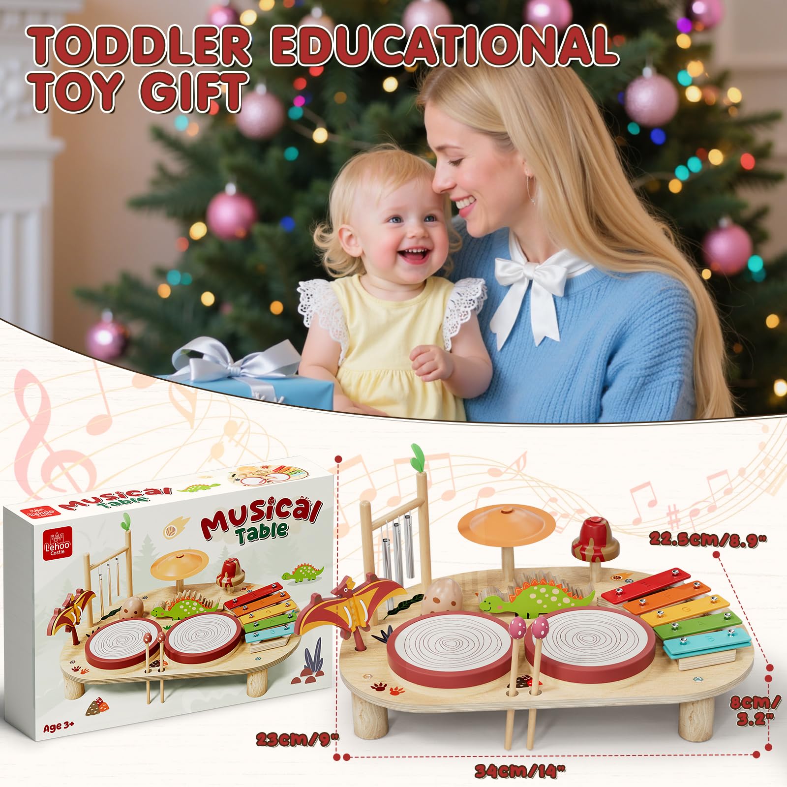 Lehoo Castle 8-in-1 Schlagzeug & Xylophon Tisch aus Holz, Musikinstrumente für Kinder ab 1 Jahr, Dinosaurier Musikspielzeug, Montessori Lernspielzeug
