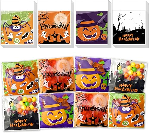 200 bolsas de celofán para dulces de Halloween, autoadhesivas, transparentes, bolsas de regalo para suministros de fiesta de Halloween (3.94 x 3.94 disponible en Yaxa Mexico