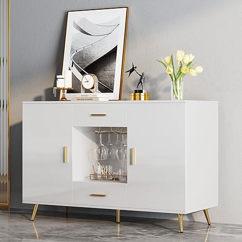 YITAHOME Armario de bufé aparador y bufé con almacenamiento Credenza con estante ajustable soporte para copa de vino cajones cómoda moderna blanca y