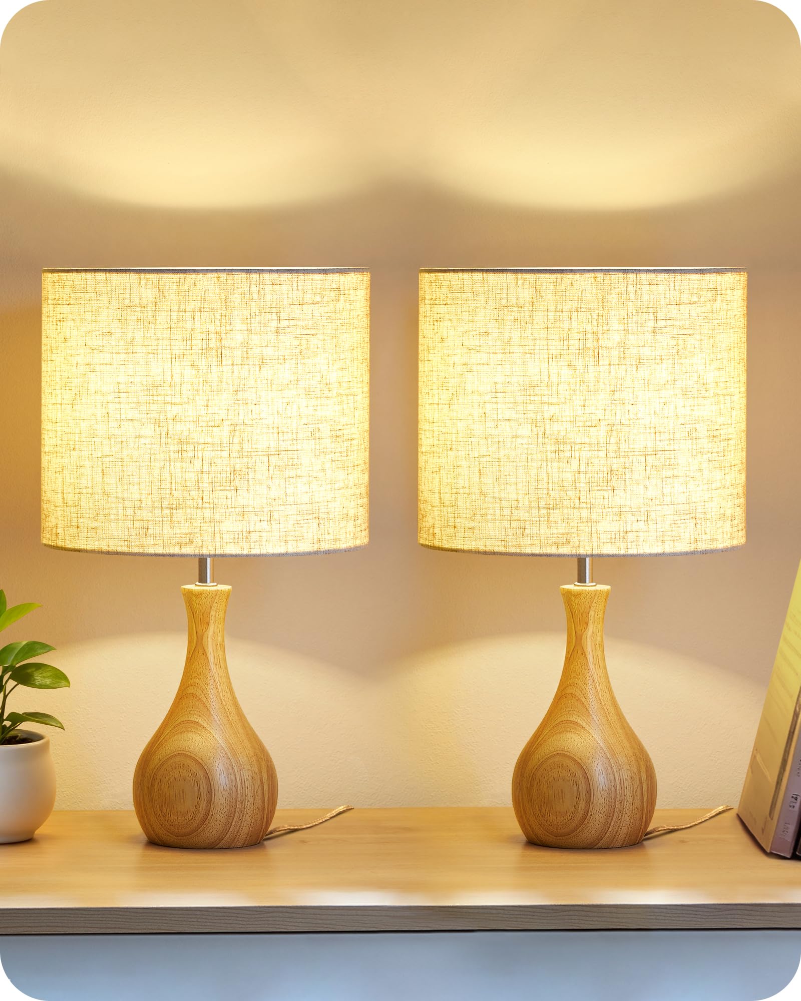 Nachttischlampe aus Holz 2er Set, Moderne Tischlampe Wohnzimmer, Beige Nachttischlampe mit Kabel, Fensterbank Lampe, E27 2700K Birne, für Schlafzimmer, Nachttisch, Hotel ZME09TLDP205