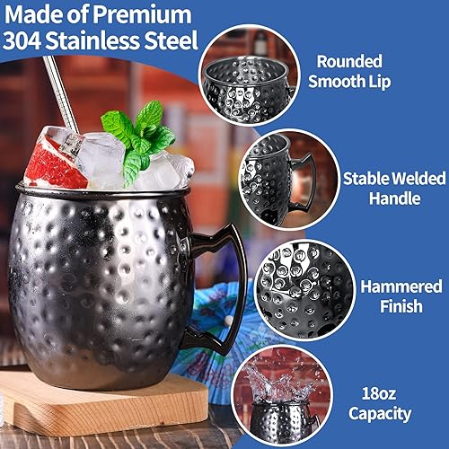 Vista 4 de LINALL Moscow Mule - Juego de 6 tazas de acero inoxidable de 18 onzas chapadas en color negro plomizo (6 unidades)