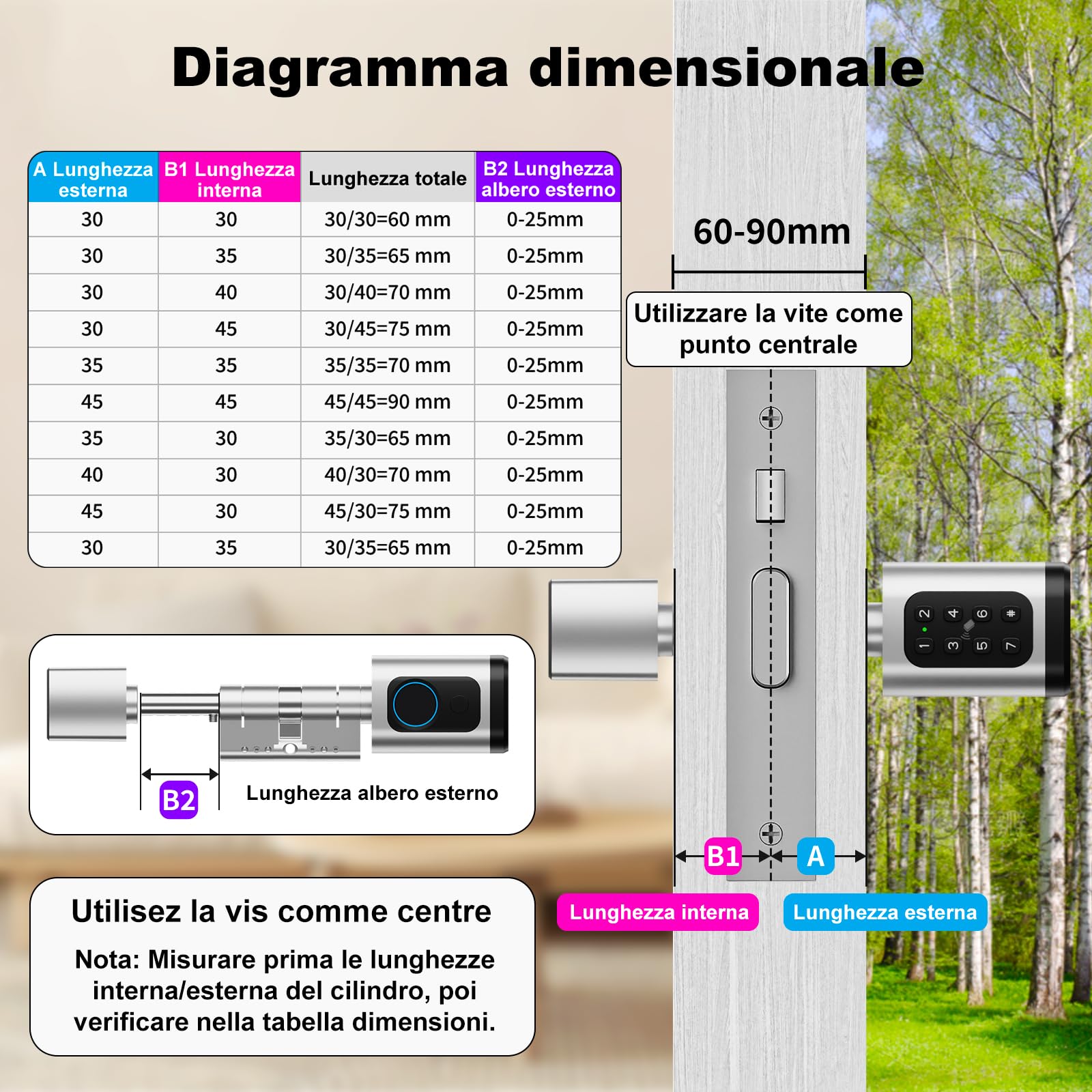Serratura smart, serratura elettrica porta blindata con impronta digitale, lunghezza regolabile serratura elettrica con scheda RFID, app, WiFi, Bluetooth, 60–90 mm, accessori di prolunga, argento