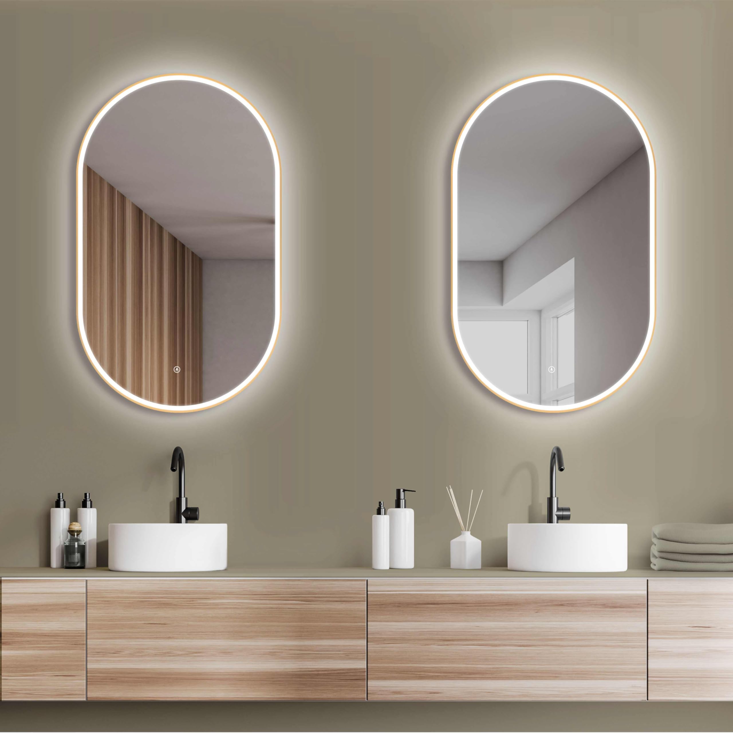 HOKO® Lustro ścienne owalne 45 x 75 cm / 75 x 45 cm Alicante z energooszczędnym oświetleniem LED i metalową ramką złota. Przełącznik dotykowy, LED bezstopniowa zmiana 2700-6500 K ciepła biel zimna
