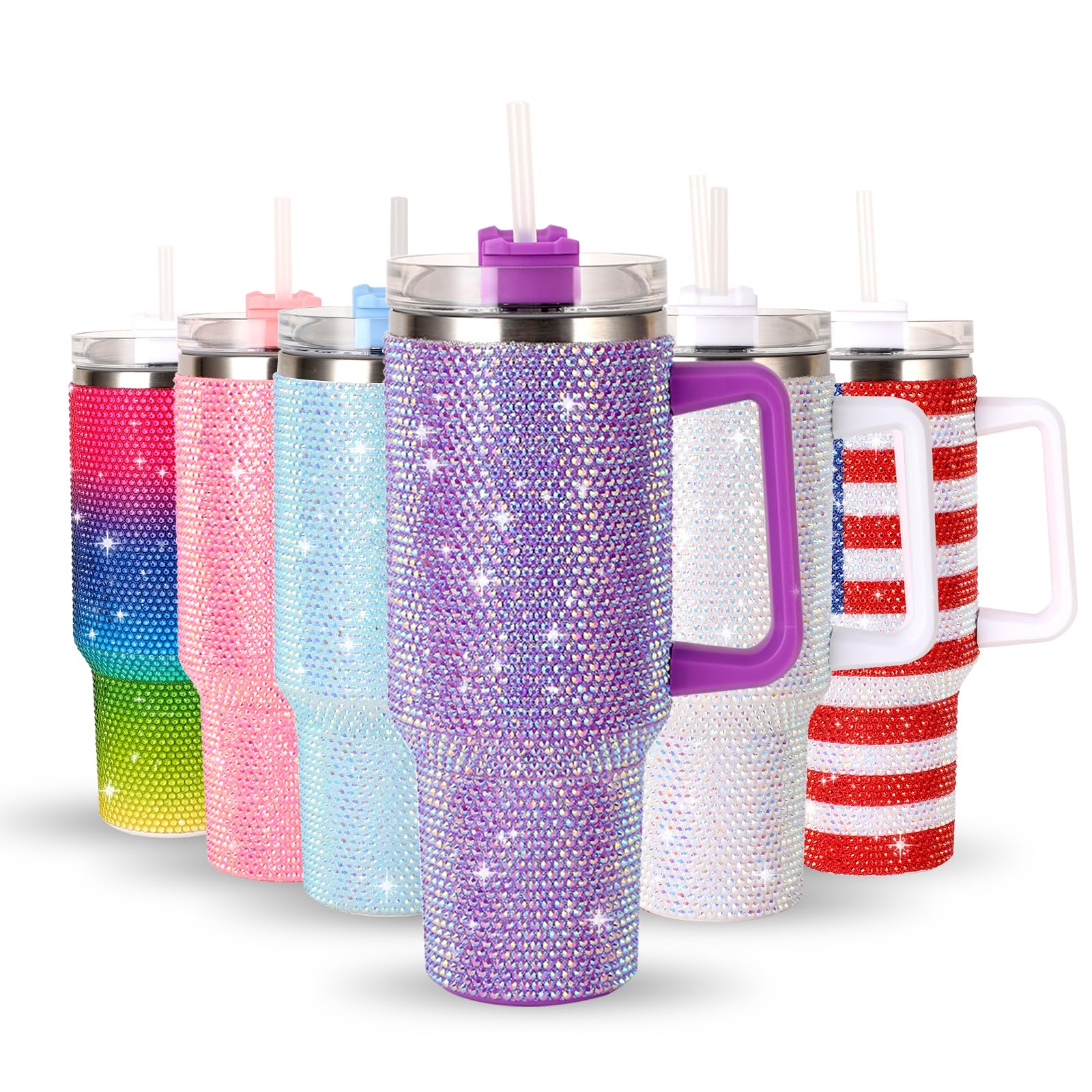 40Oz Bling Tumbler With Handle Studded Rhinestone Tumbler Glitter Cups with Lid Stainless Steel Vacuum Thermal with Straw for Ice Cold or Warm Drinking for Women Cup (Purple Shiny)