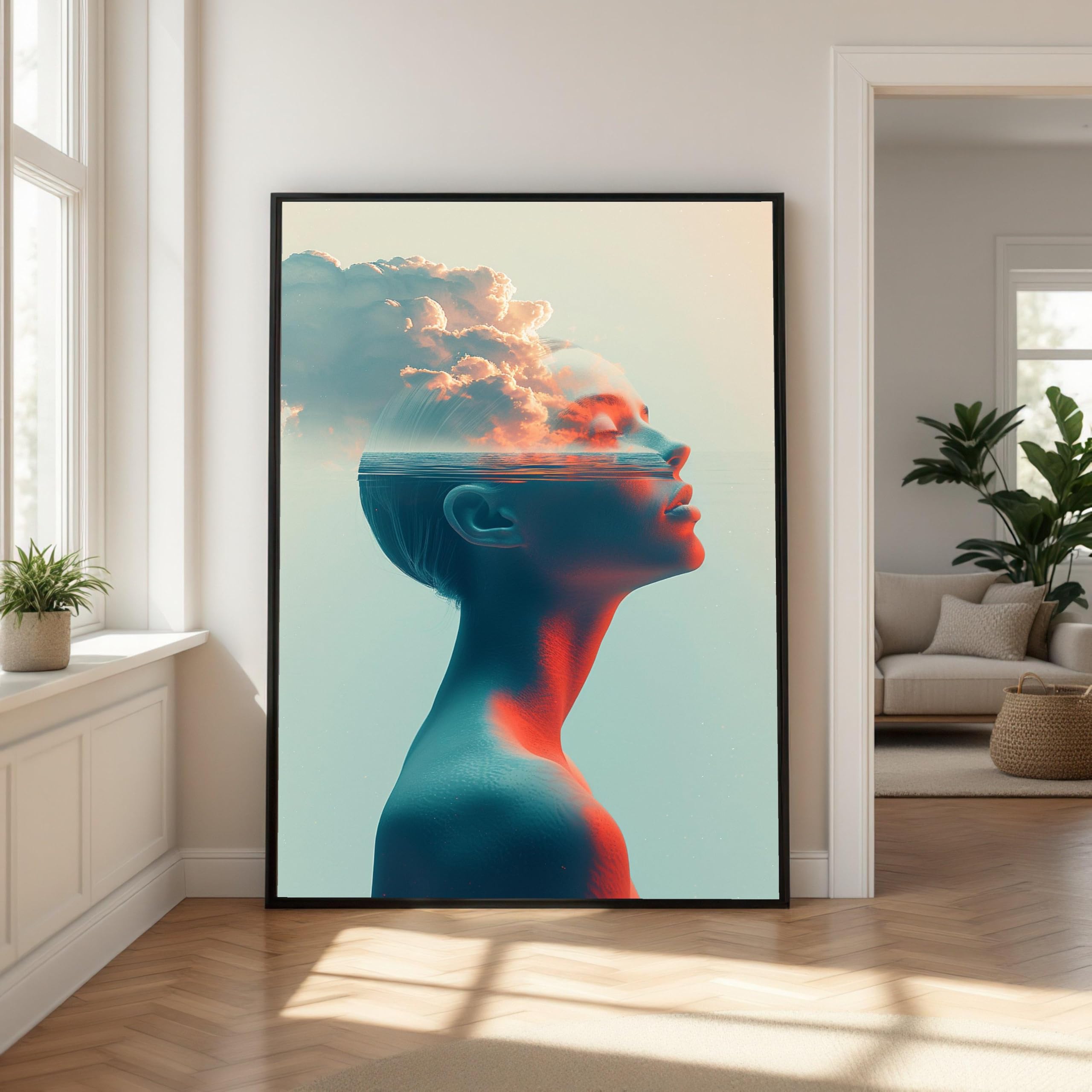 TONGYINLI Surreal Female Profile Posters, Ocean Clouds Canvas Wall Art, Abstract Mindscape Painting, Home Decor Artwork(60x80cm/Frameless)