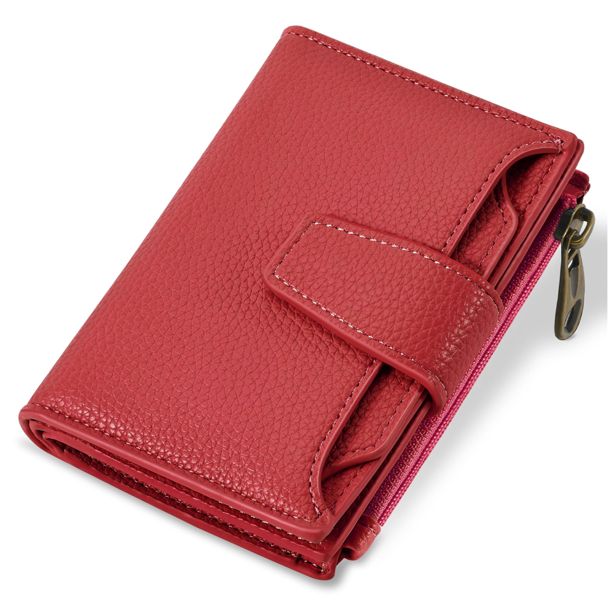 Airkit Small Wallet Women RFID Blocking Leather Bifold Compact Card Holder Wallet for Women with Zipper Coin Pocket 4 ID Window Classic Red