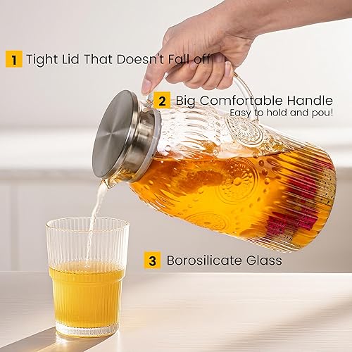 Miniatura 3 de Bandesun Jarra de vidrio con tapa, jarra de agua vintage de 68 onzas2 litros, jarra para preparación fría, café, limonada, té helado, bebidas, jarra
