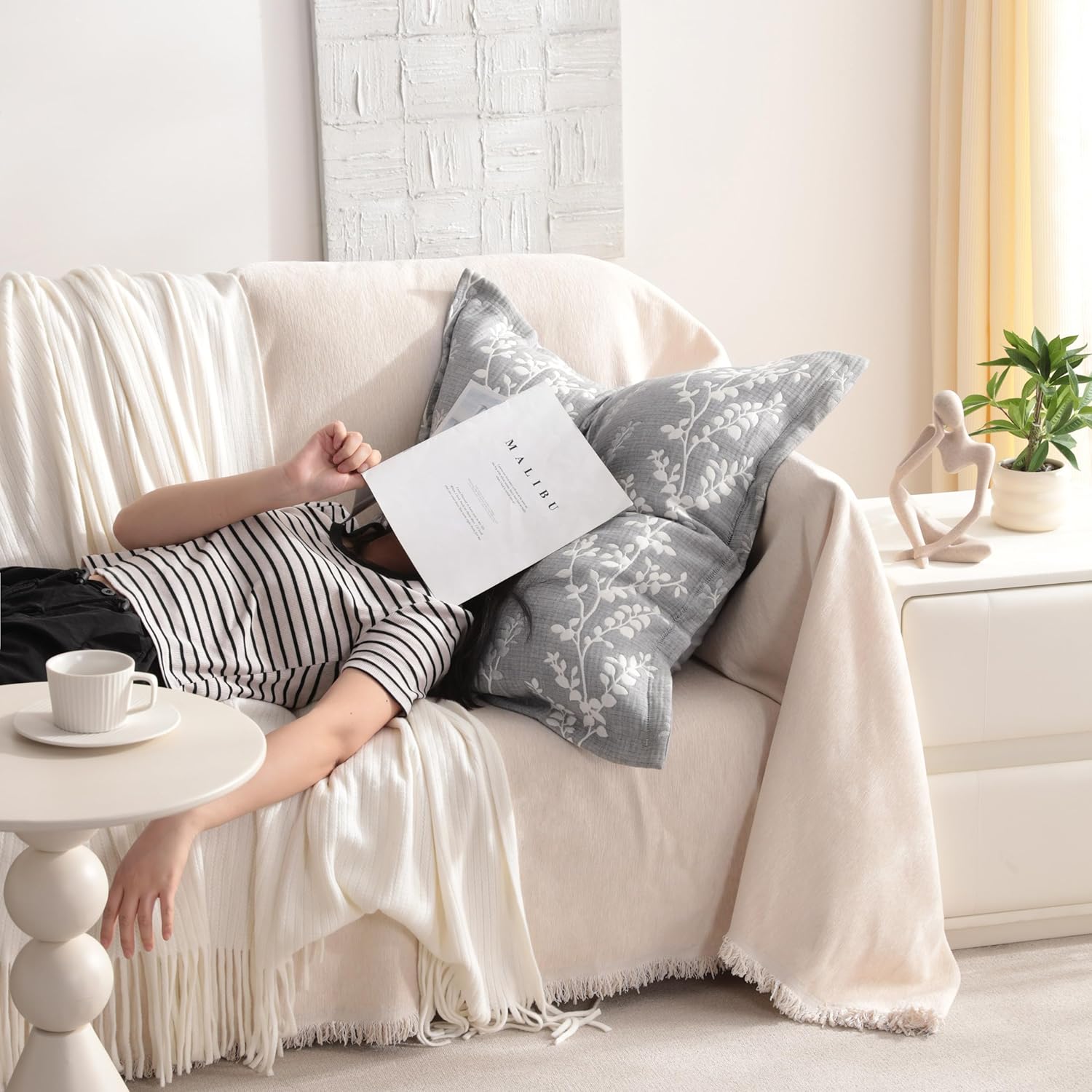 NTBAY Cotton Euro Sham Covers, 3 Layer Muslin Breathable Soft Thermal Yarn Dyed Pillow Covers, 2 Pack 26x26 Square Pillow Shams with Envelope Closure, Grey Tree