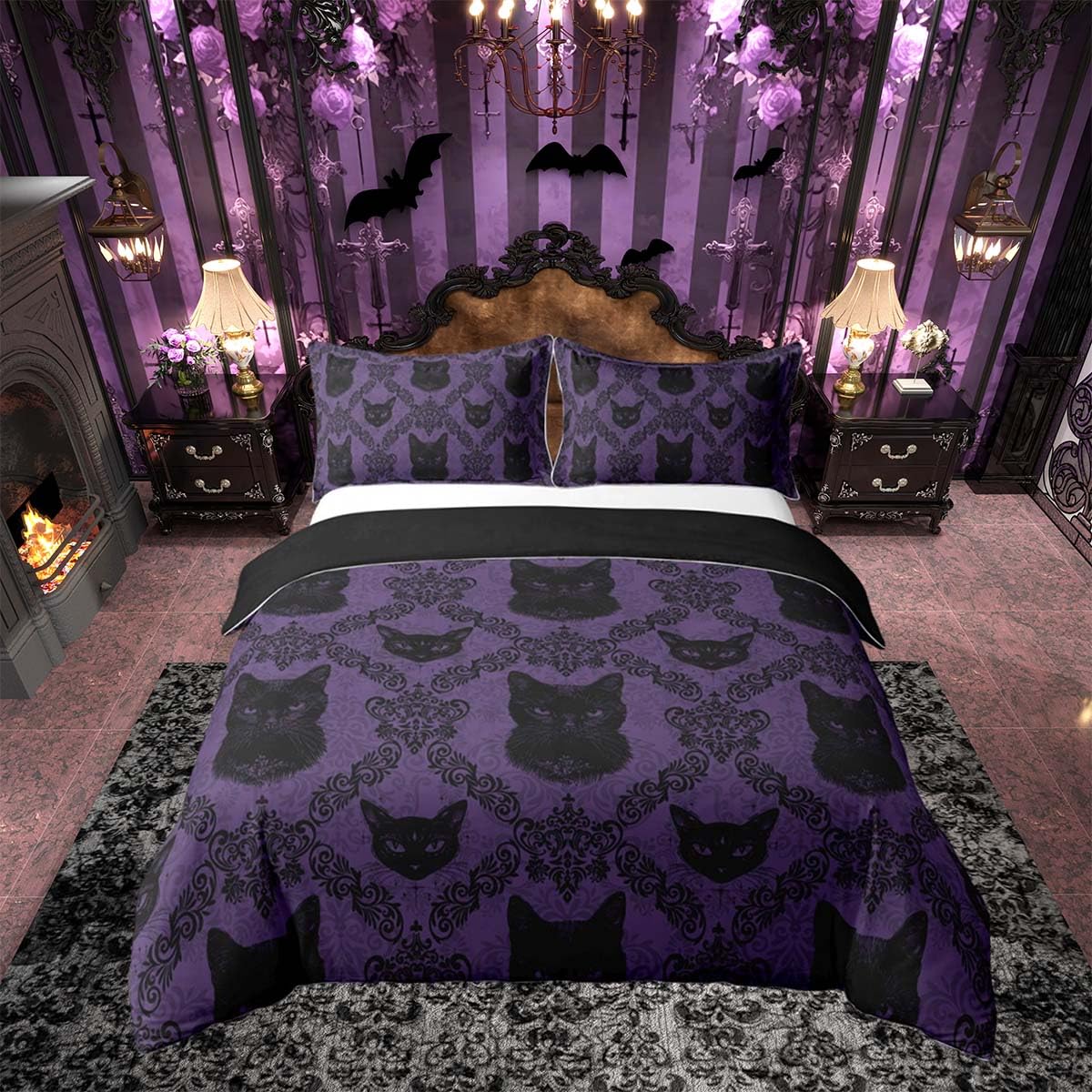 Homemissing Purple Black Cat Damask Duvet Cover Set Single Size For Kids Boys Girls Boho Gothic Floral Bedding Set Antique Victorian Baroque Duvet Cover with 1 Pillowcase Minimalist Bedding — image 1