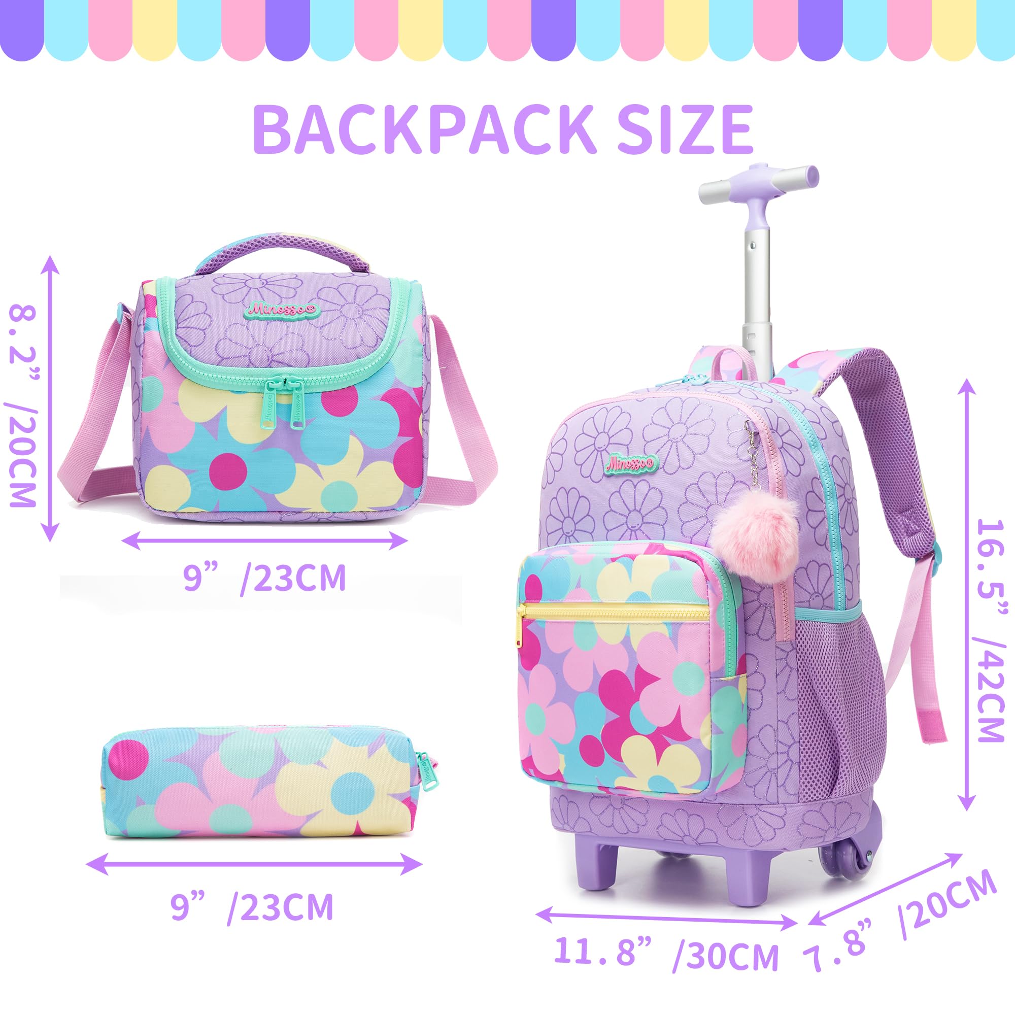 HTgroce Schulrucksack Trolley Mädchen Blumen Motiv – Ergonomischer Schulranzen mit Rollen für Grundschule 2. Klasse