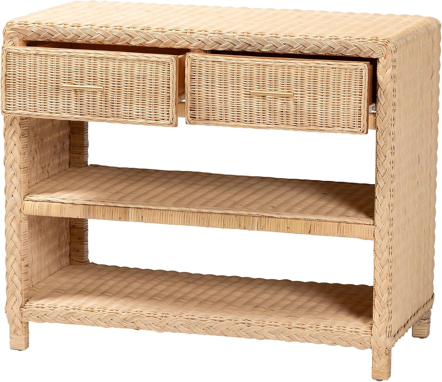 Bali & pari Lanica Braided Natural Rattan Console Table with Drawers and Shelves – Coastal Style Storage Cabinet for Entryway, Living Room, or Bedroom, 35"