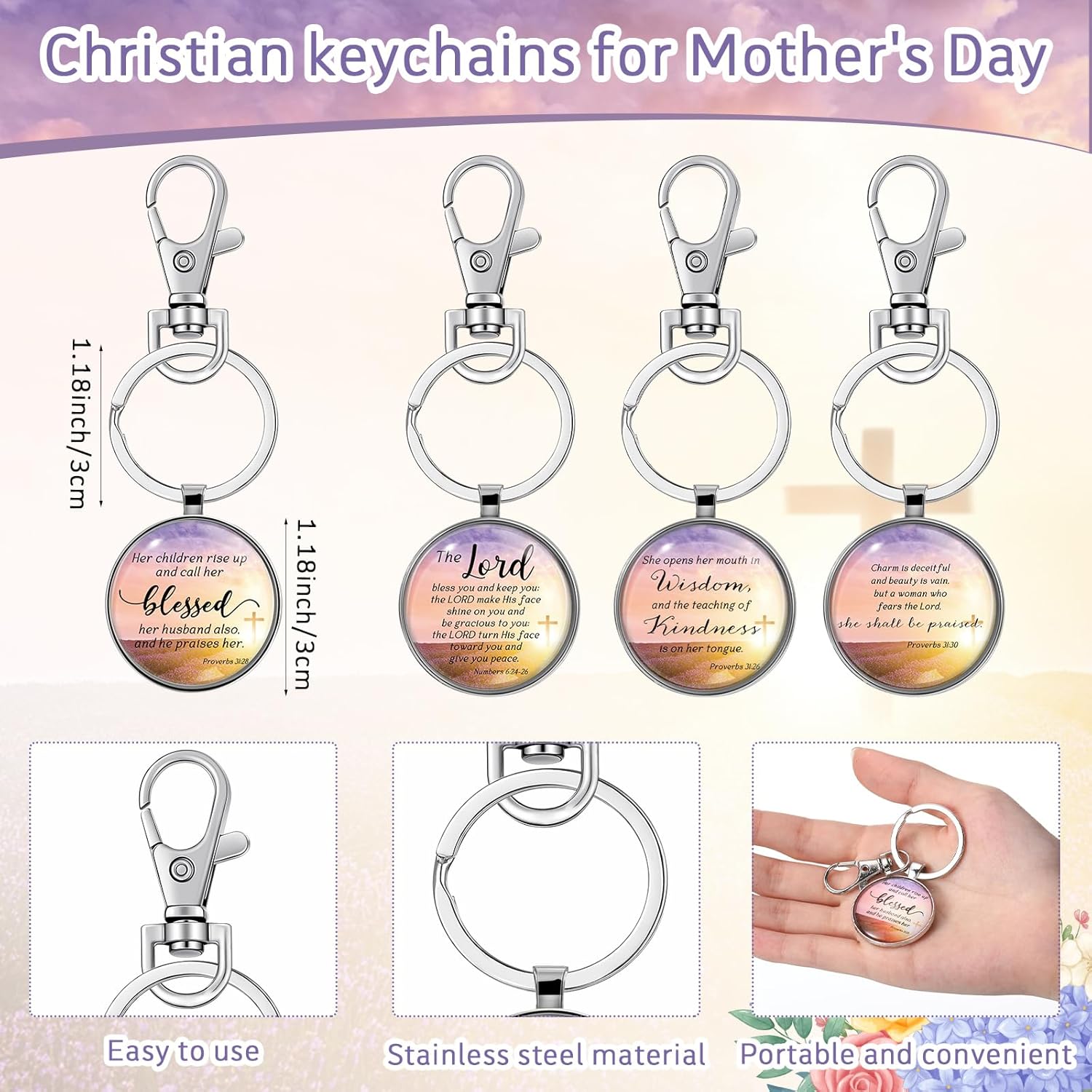 Moucuny Mother's Day Christian Gifts Bulk Christian Bible Verse Keychains with Mother's Day Gift Cards Opp Bags for Church