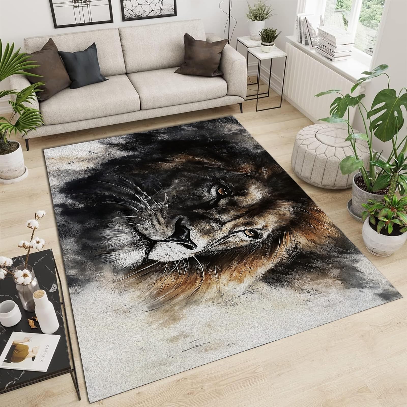 Tapis lavable 140x200cm antidérapant avec motif lion à poil doux