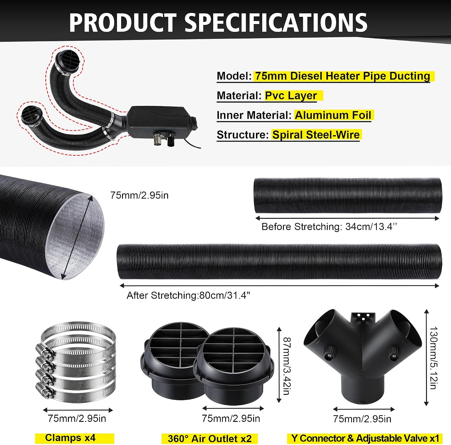 75mm Diesel Heater Compatible with Webasto/Eberspacher 2KW/5KW/8KW Heater