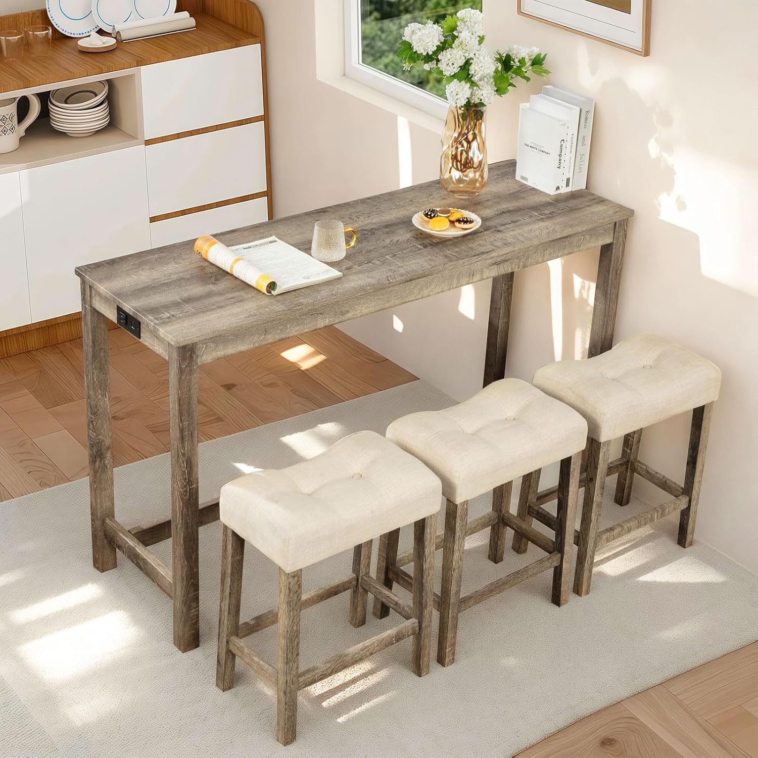 LKTART Bar Table and Chairs Set of 4, Bar Height Dining Table Set with Power Outlet and 3 Padded Stools Industrial Breakfast Table Set for Living Room, Small Space, Brown