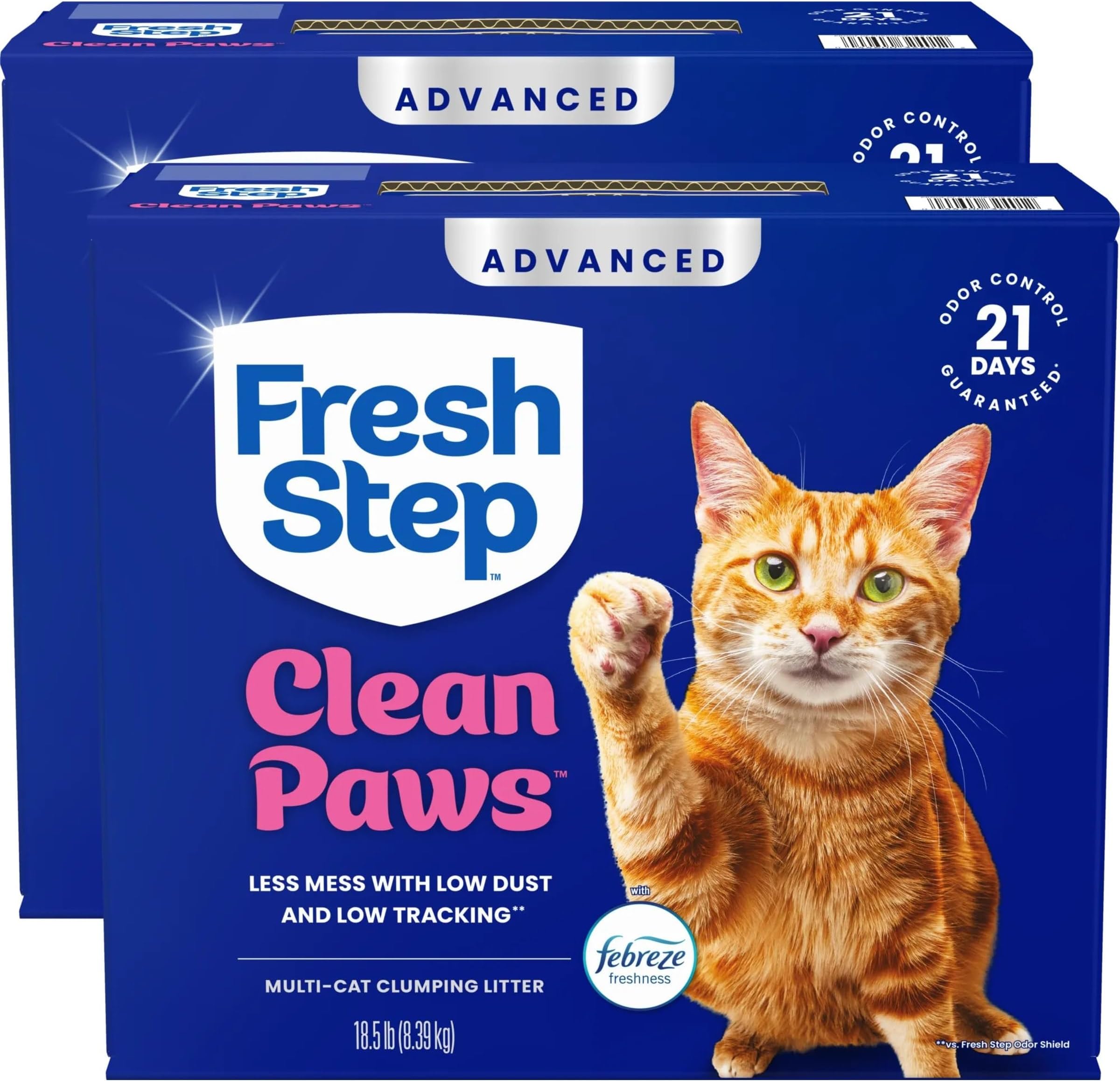 Advanced Clean Paws Multi Cat Clumping Cat Litter with Febreze Freshness, Low Dust, Odor Control with Ammonia Block Tech, Compatible in Automatic Litter Boxes, 37 lbs. (2 x 18.5 lb.)