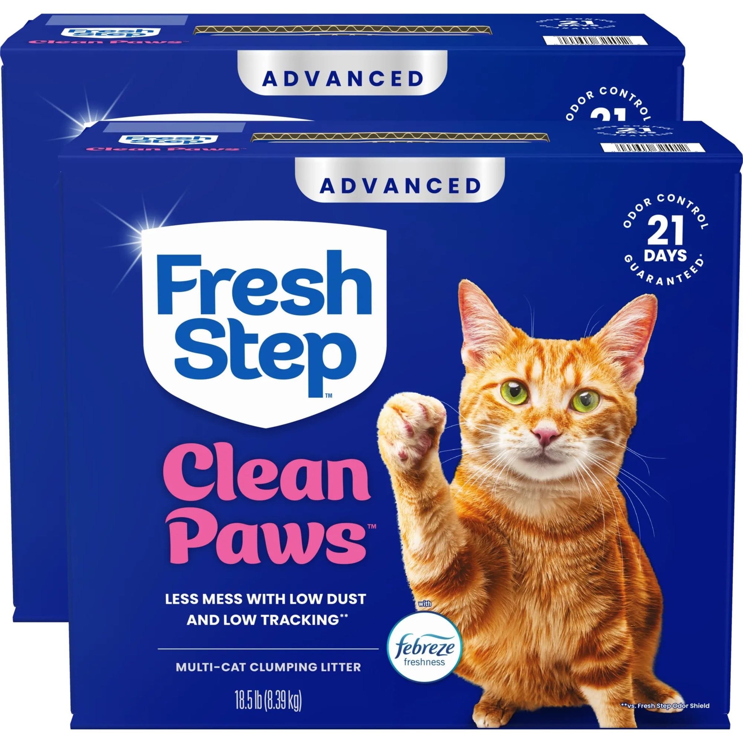 Fresh Step Clean Paws Advanced Multi Cat Clumping Litter with Febreze Freshness, 18.5 lb Each, Pack of 2 (Package May Vary)