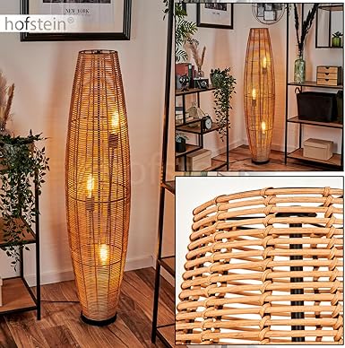 hofstein Staande lamp mulstrand, moderne vloerlamp van metaal/rotan in zwart/natuur, lamp in boho-design met kap in roosterlook, aan-/uitschakelaar op de kabel en lichteffect, 3 x E27, zonder lamp photo 2