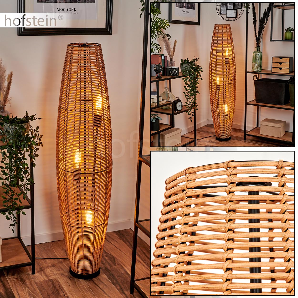 hofstein Mulstrand Lampadaire moderne en métal/rotin noir/naturel, lampe au design bohème abat-jour en grille, interrupteur marche/arrêt sur le câble et effet lumineux, 3 ampoules E27, sans ampoule