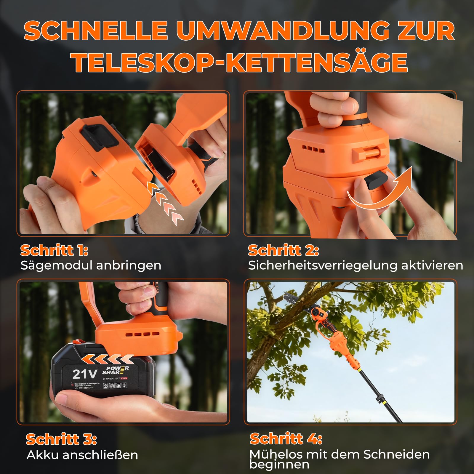 4-in-1 Akku-Hochentaster, 20cm Mini-Kettensäge & elektrische Gartenschere mit bürstenlosem Motor, automatischer Ölung 4,5 m Reichweite, 2 x 21V 4,0 Ah Akkus für Baumschnitt & Holzbearbeitung