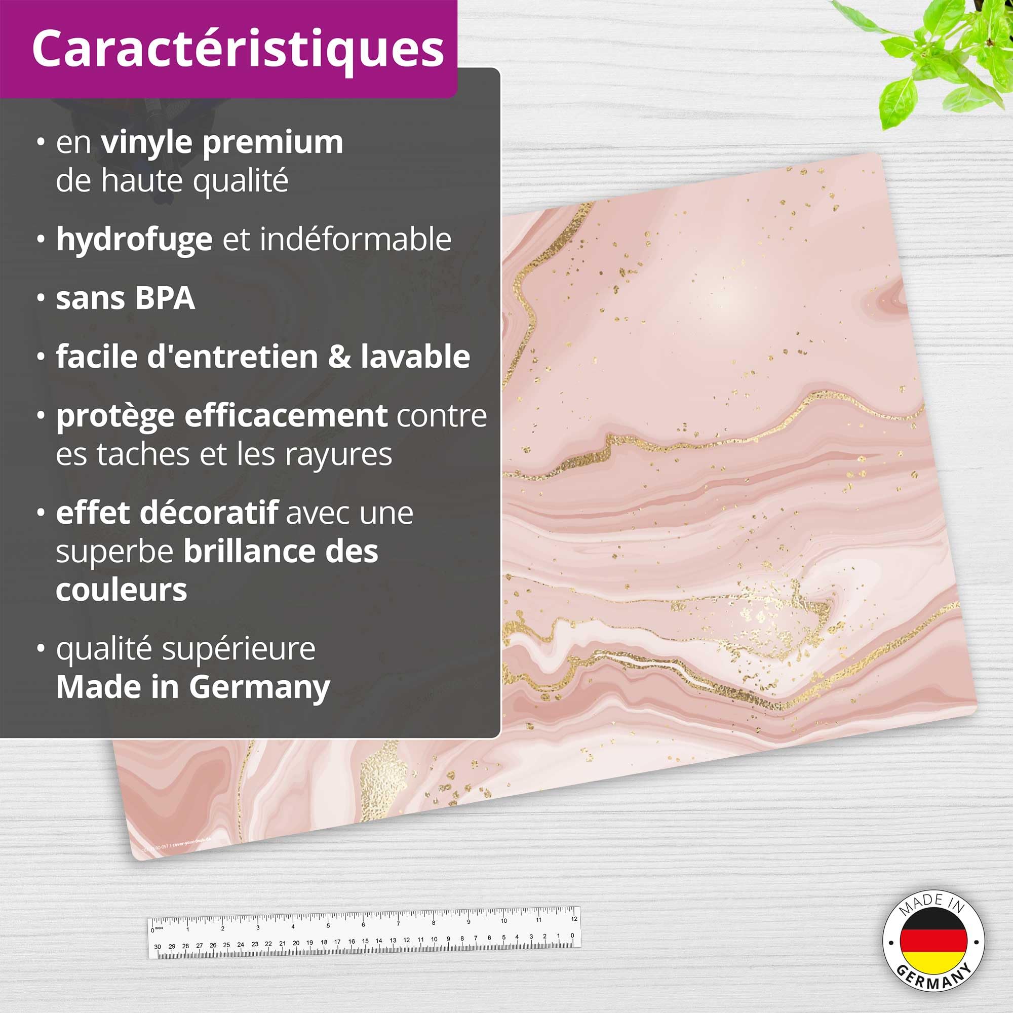 Sous-main lavable pour enfants et adultes - Marbre rose avec veines dorées - 60 x 40 cm - En vinyle de qualité supérieure - Fabriqué en Allemagne