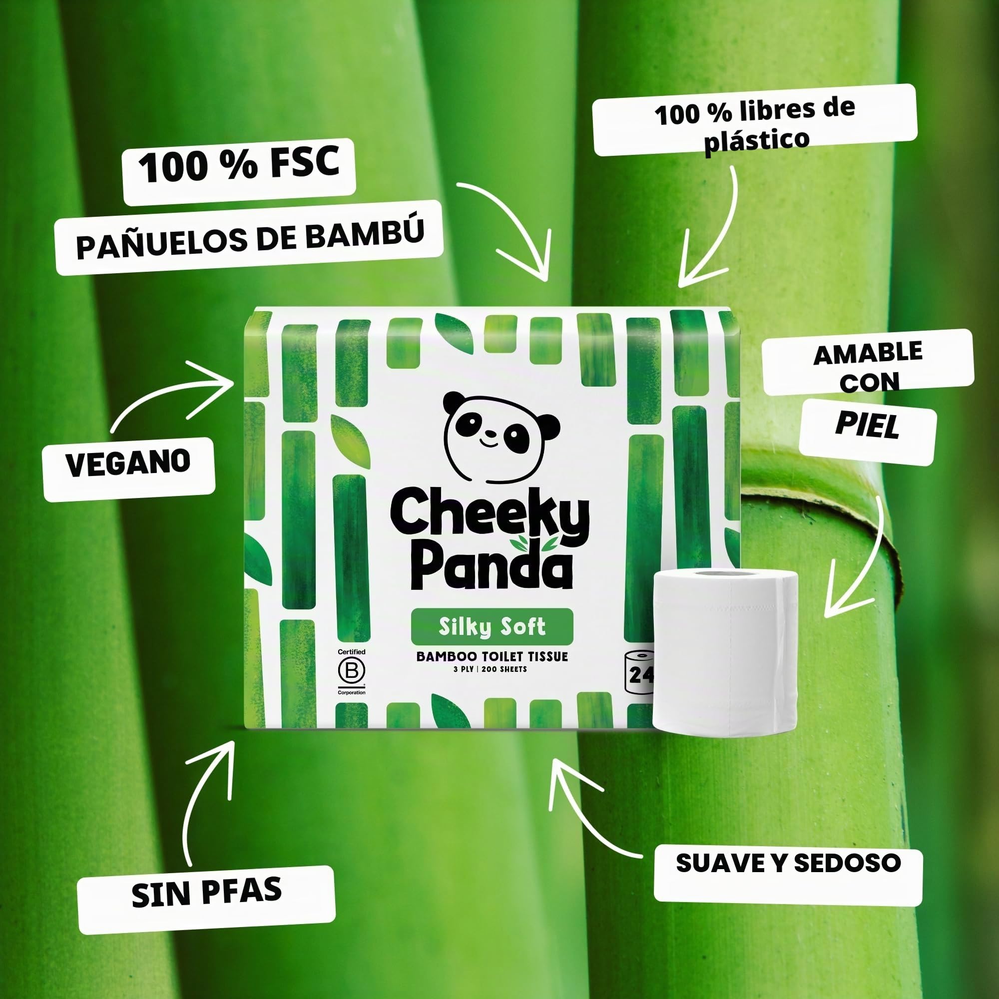 The Cheeky Panda Papel Higiénico de Bambú | 24 Rollos x 200 Hojas | 3 Capas 100% Bambú Biodegradable Sin Plástico | Paquete a Granel
