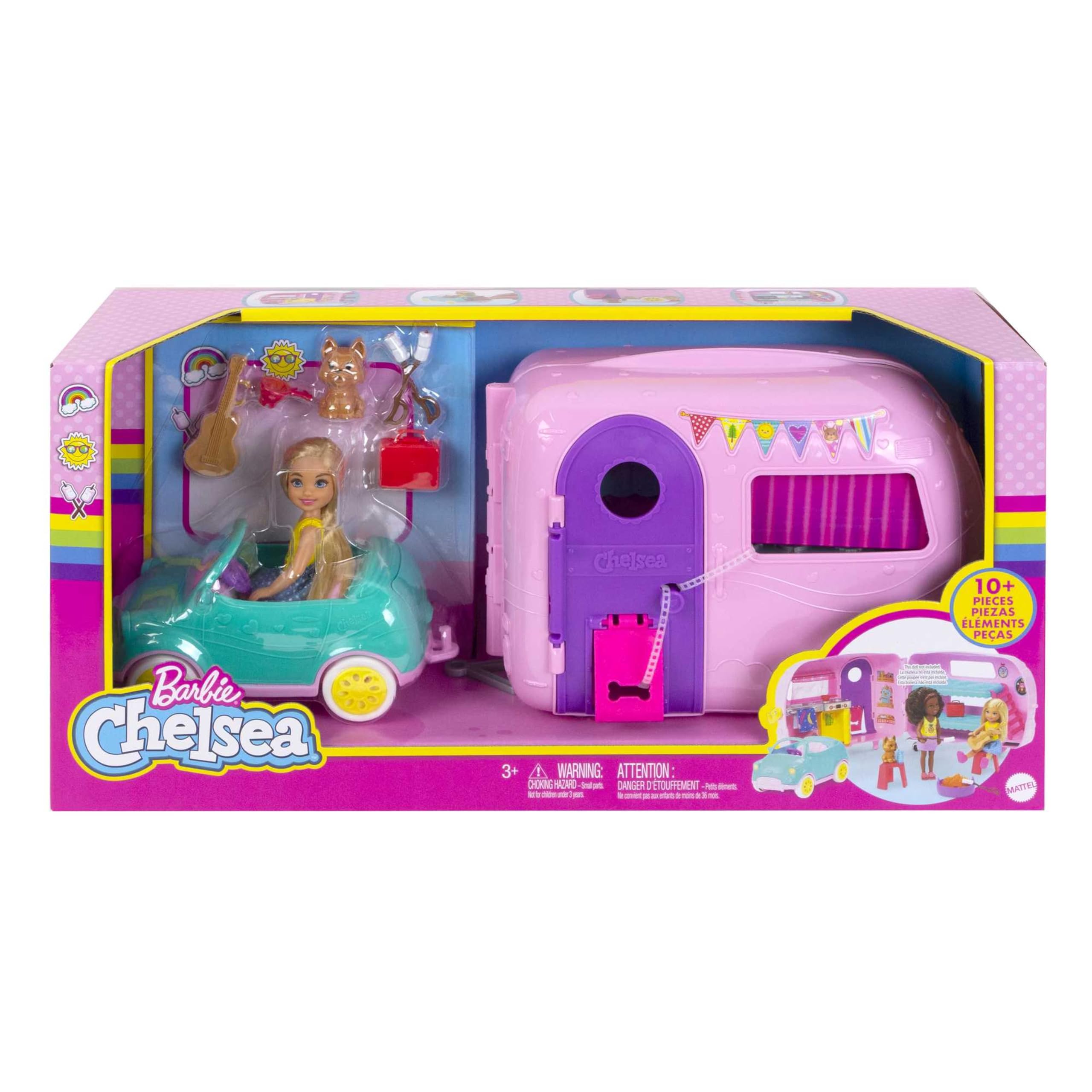 Barbie Chelsea Serie, Chelsea Auto und Camper Set mit 10+ Barbie Camping Accessoires, 1x Chelsea Puppe, Teal Auto und Pink Mini Camper, Geschenke für Kinder ab 3 Jahren,FXG90