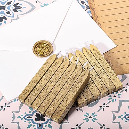 Miniatura 6 de Yoption 12 varillas de cera de sellado con mechas, tótem de oro antiguo manuscrito de fuego para sello de cera (oro antiguo)