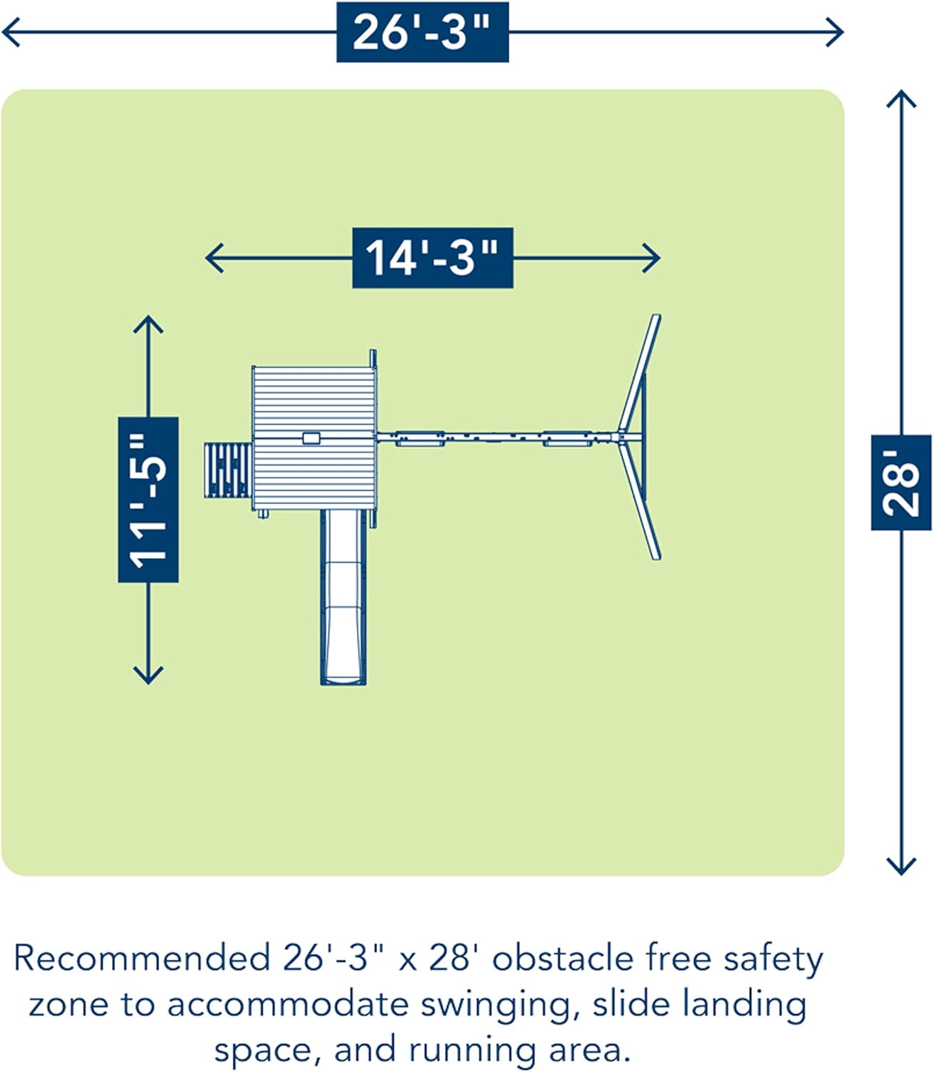 Diagram showing the recommended safety zone dimensions for the swing set: 26 feet 3 inches by 28 feet.